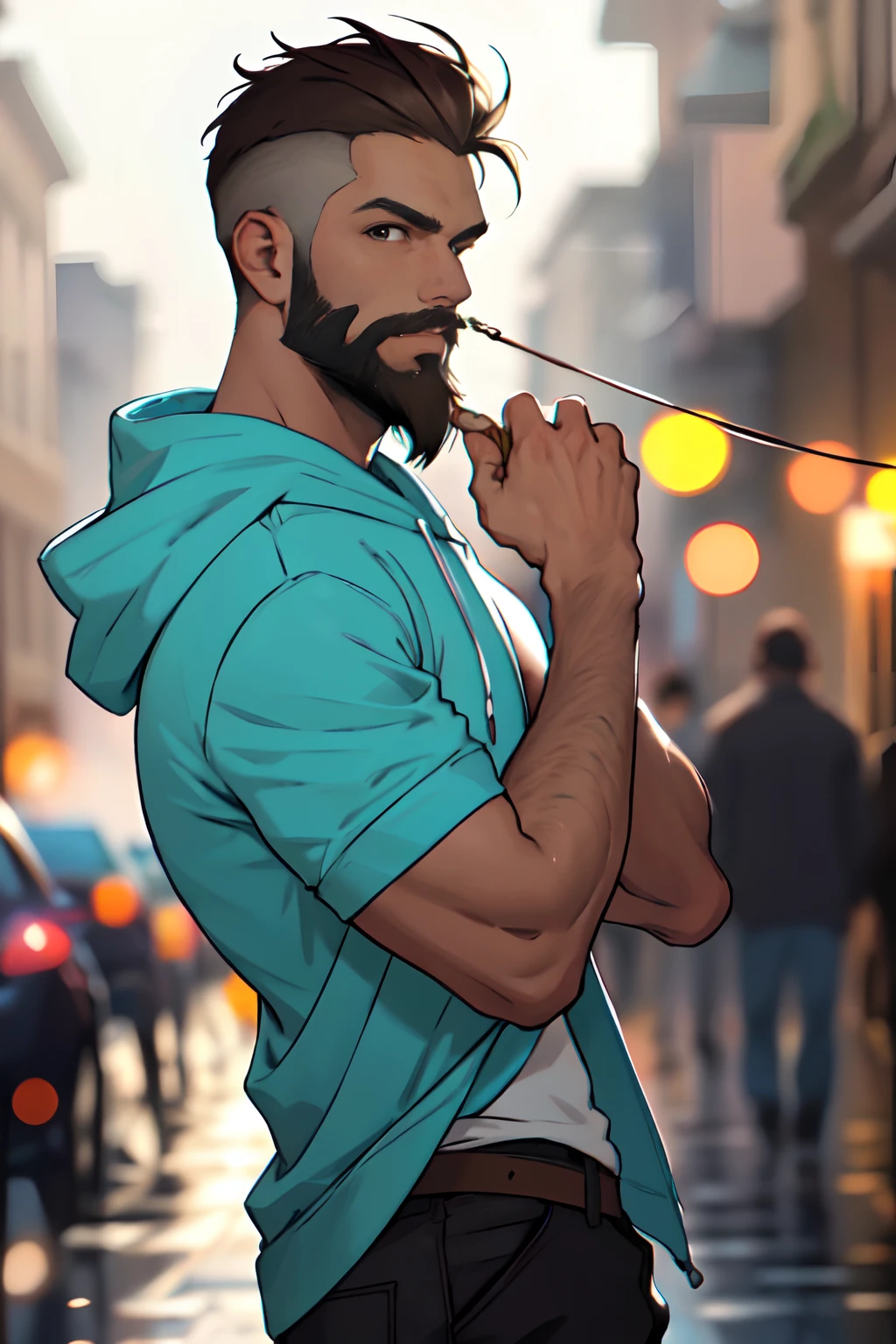 1 man, skinny, bearded, long beard, thic beard, full beard, young, young adult, cyan shirt, open hoodie, white hoodie, skinny arms, ((light bokeh)), intricate, elegant, sharp focus, photo by greg rutkowski, soft lighting, vibrant colors, (masterpiece), ((streets)), (detailed face), looking at side, brown hair, short hair, very short hair, The Buzz Cut Short Hair, brown eyes, cowboy shot, half body portrait