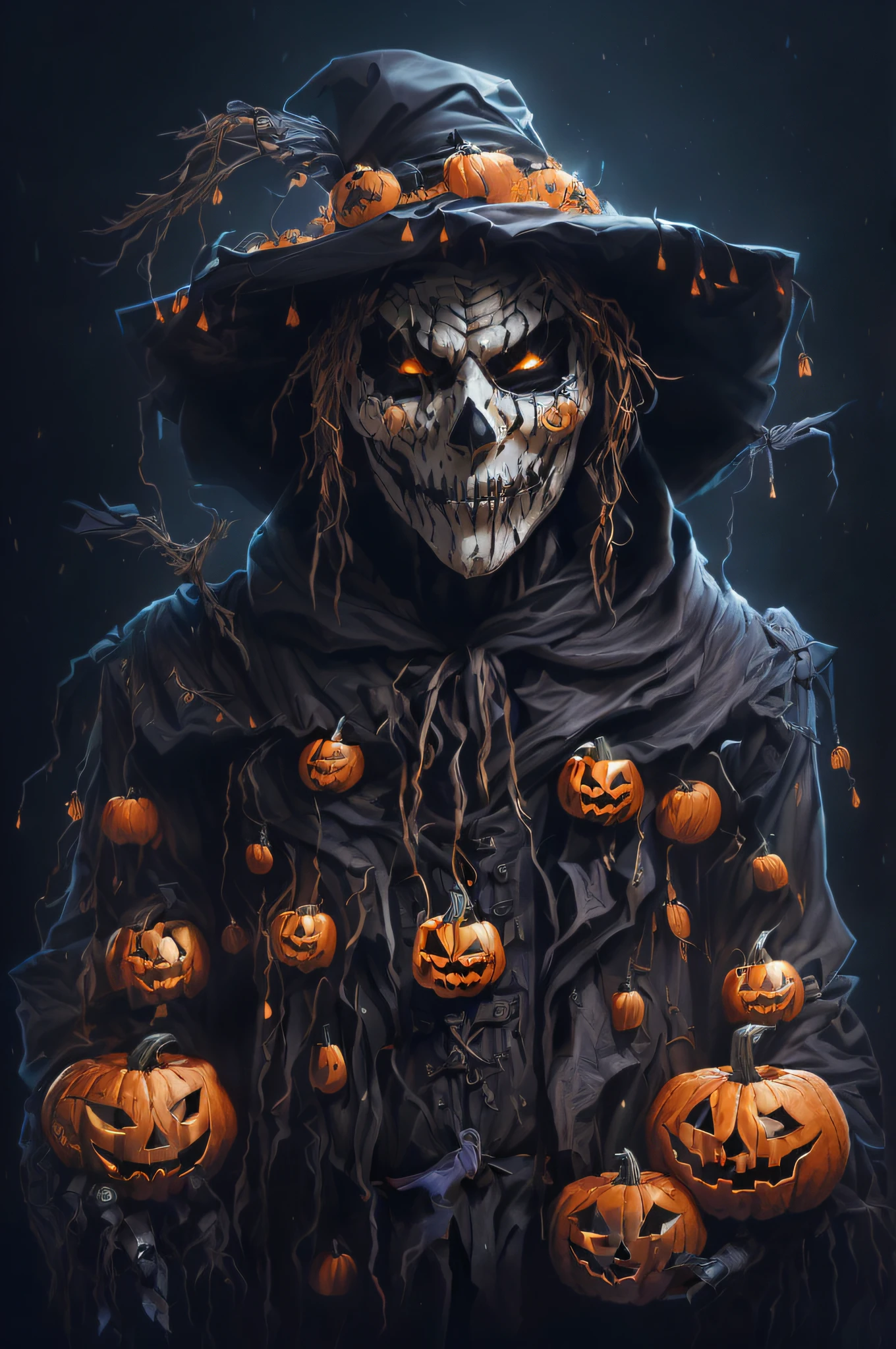 a demonic scarecrow with a pumpkin, jack o'lantern as the head, straw, night, fall weather, dark, creepy, cornfield, field on fire, rain, demonic, glowing red eyes, horror, scary, pumpkin head, bald