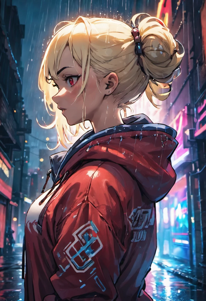 Closeup photograph, confident young cyberpunk woman with blonde and white hair in a bun, wearing a hoodie with red and blue designs on it, in a rain soaked street at night, photorealistic, cinematic lighting