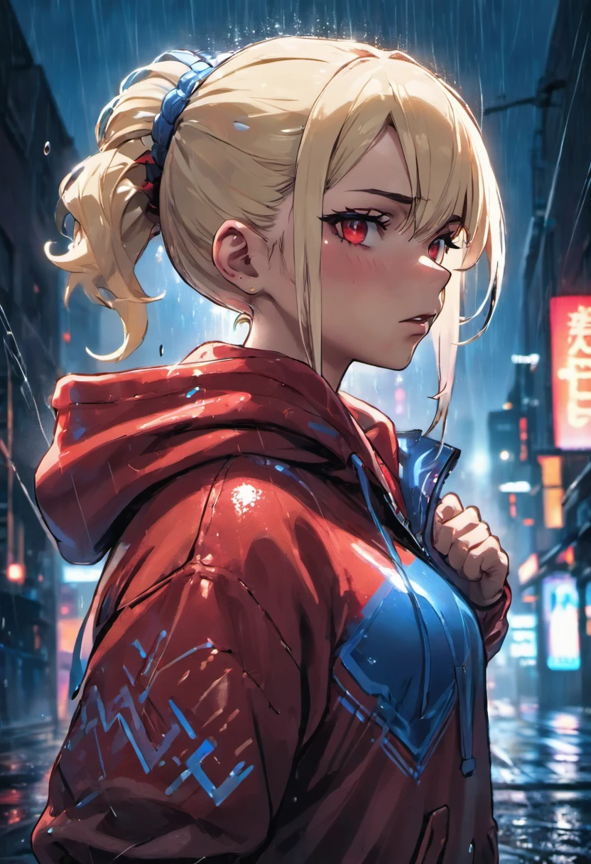 Closeup photograph, confident young cyberpunk woman with blonde and white hair in a bun, wearing a hoodie with red and blue designs on it, in a rain soaked street at night, photorealistic, cinematic lighting