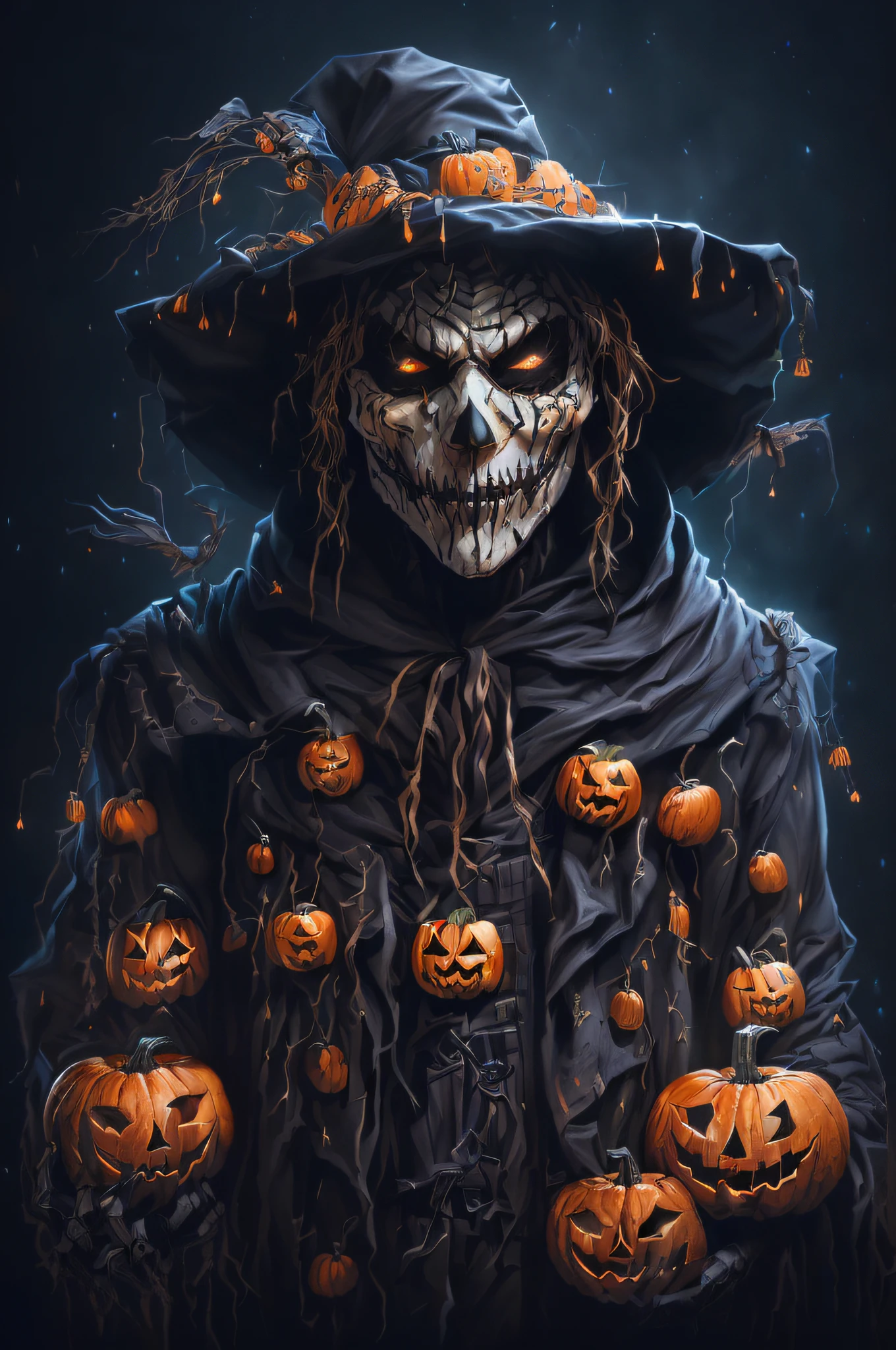 arafed image of a scare with pumpkins in his hands, halloween art style, powerful male scarecrow, scary detailed art in color, detailed 4k horror artwork, dark but detailed digital art, scarecrow, 4k detailed digital art, 4k highly detailed digital art, halloween theme, the scarecrow, scary color art in 4 k, pumpkin head, spooky halloween theme