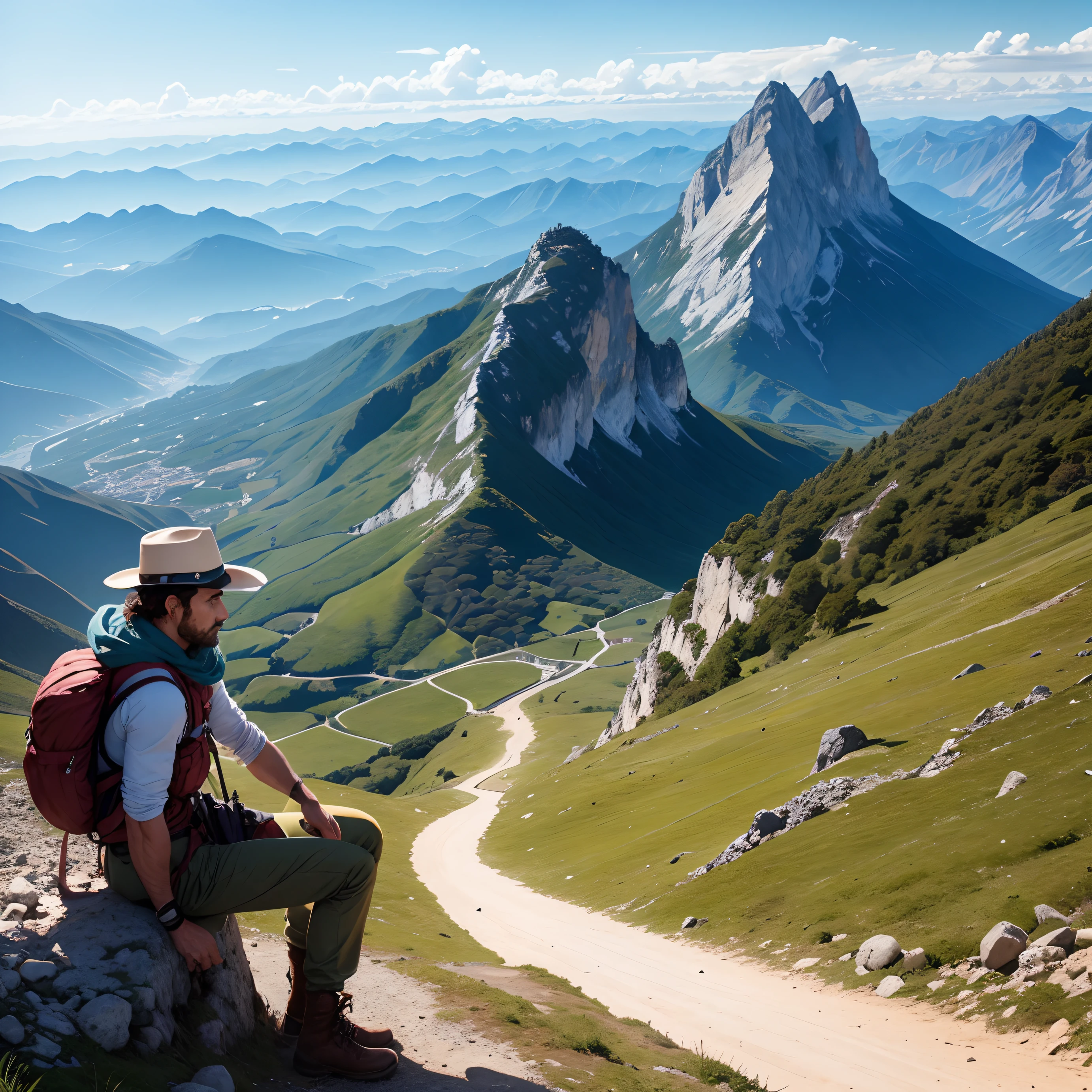 Alpinista no topo da montanha olhando para a cidade que fica a baixo