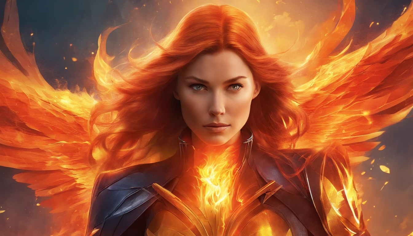 1girl, (((solo))), Jessica Biel dressed in Jean Grey's uniform from the X-Men comics. Her hair is engulfed in flames and her eyes glow like LED lights. Full-length portrait (((engulfed in flames))) showing an imposing posture, towards the viewer. Behind it is born a figure of a bird (phoenix) in flames. Hyper realistic, highly detailed, cinematic, movie poster. 8K