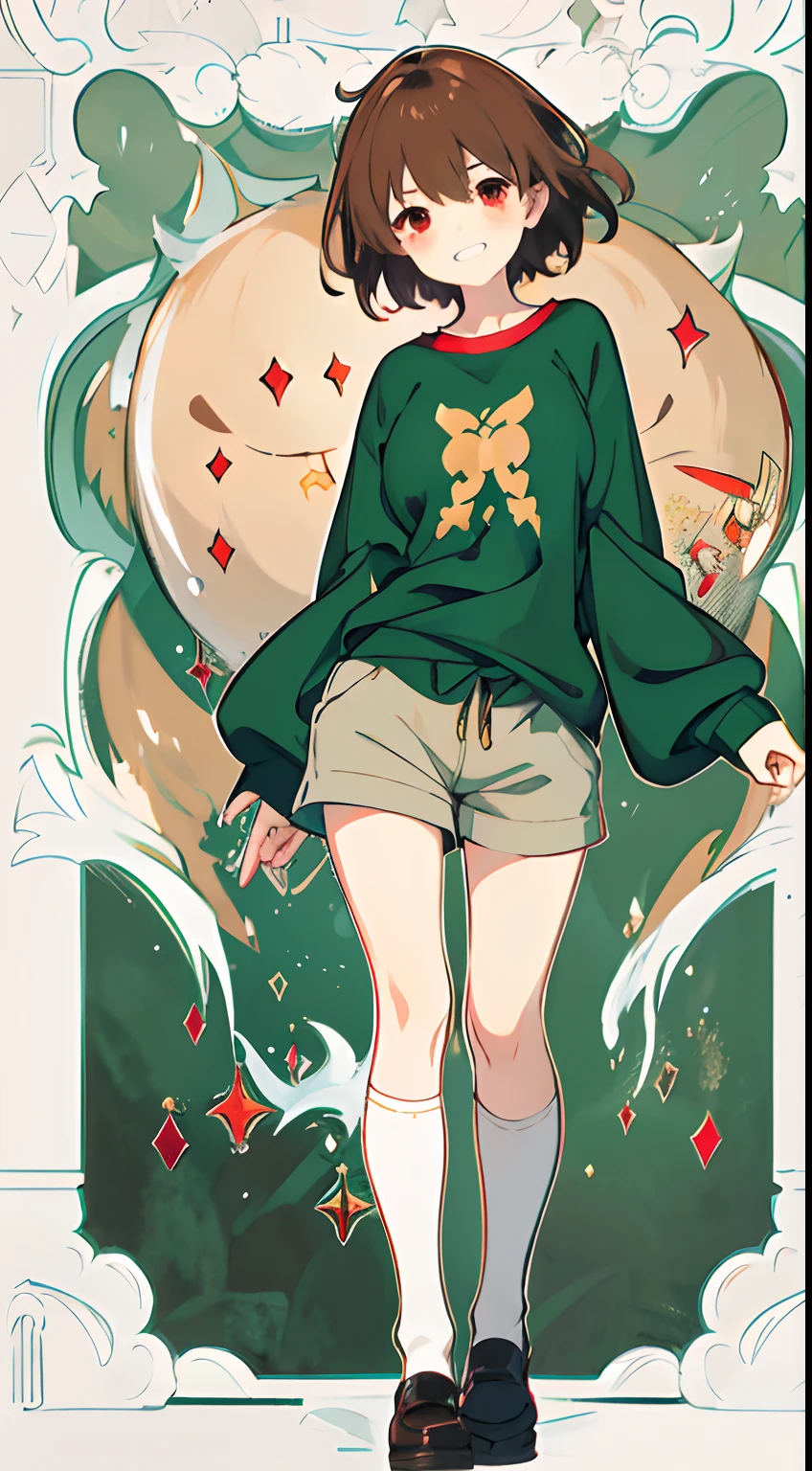 Under the legend，Chara，femele，sexy for，green-shirt，brown shorts，black lence stockings，Grin size，Hideous，Blushlush，with short brown hair，Bloody red eyes，bareness，anime big breast，quadratic element，k hd，Bare skin，Full body standing painting，