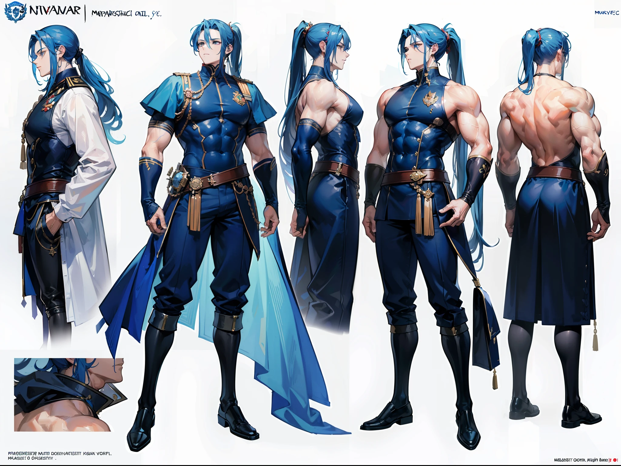 ((Masterpiece, Highest quality)), Detailed face, character design sheet， full bodyesbian, Full of details, frontal body view, back body view, Highly detailed, Depth, Many parts, Muscle boy with ponytail long blue hair，handsome man, muscle body, navy, commander, man tall,