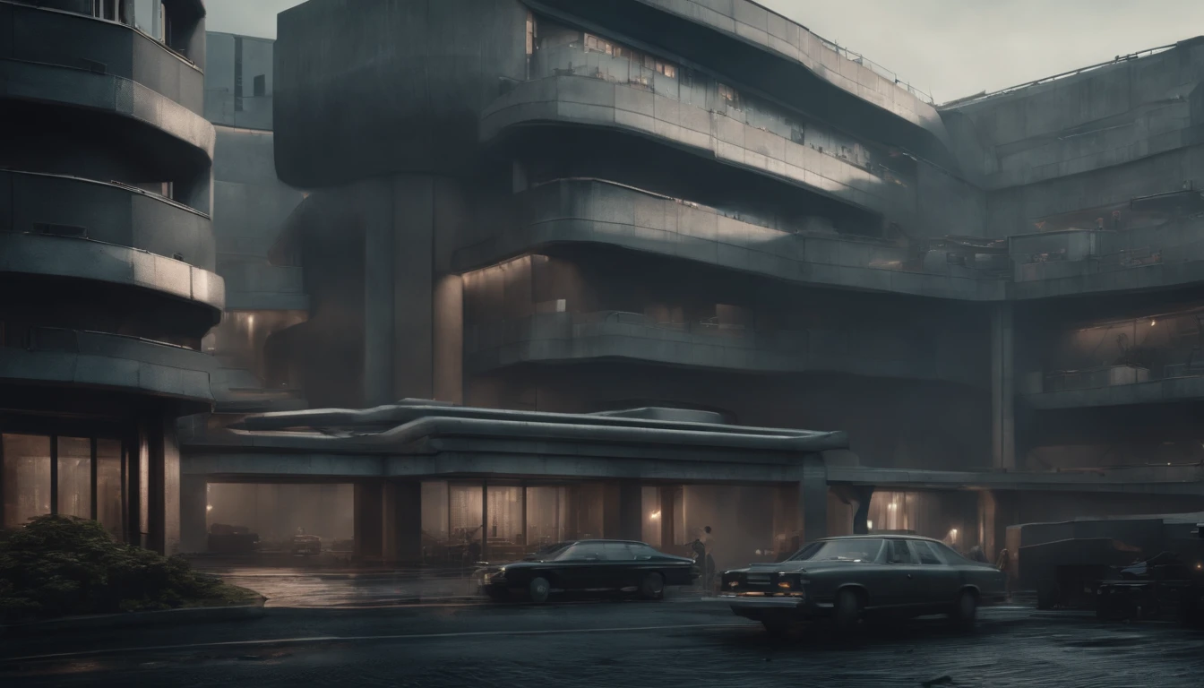 A dystopian futuristic city inhabited only by men with a lot of brutalist architecture, 8k, Foto RAW