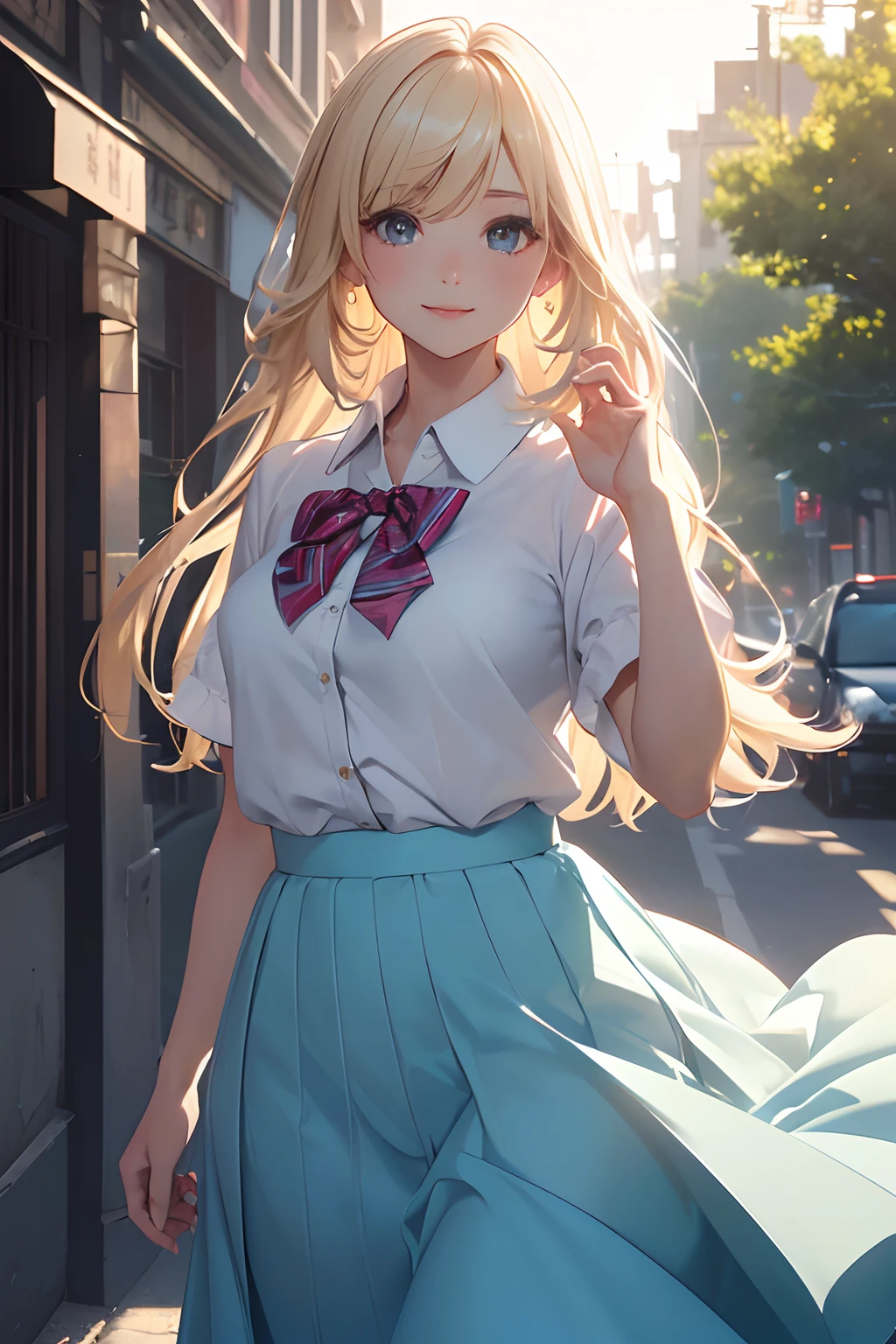 {{{white button shirt, short sleeves}}}, {{aquamarine skirt, long skirt}}, (​masterpiece、top-quality、top-quality、Official art、lightly detailed、Beautifully Aesthetic:1.2)、(1girl)、(Fractal Art:1.3), plump lips, red lips, close up SHOT, face shot, looking to the viewers, smiling face, meaningful expression, anime, gorgeous colorful light detail、Intuitive、sharp、Precise focus、insta photo、photo of the year、cinema4d、Dramatic、(3D), back light, ((​masterpiece、top-quality、Official art、Beautifully Aesthetic:1.2))、(the golden ratio:1.2)、(ultra-detailliert:1.3)((cinematic light, best quality backlight)), high contrast, ((The best lighting, extremely delicate and beautiful)), ((cinematic light))、(ray trace reflection、brilliance)、((8K, 16K, 32K)), Delicate beautiful face and eyes, Focus on Face, ​masterpiece, (realisitic:0.5)、Original 2 High Saturation、( absurderes, superfine illustration, Best Quality, extremely cute and beautiful , school girl, outdoor sunny day, standing pose,