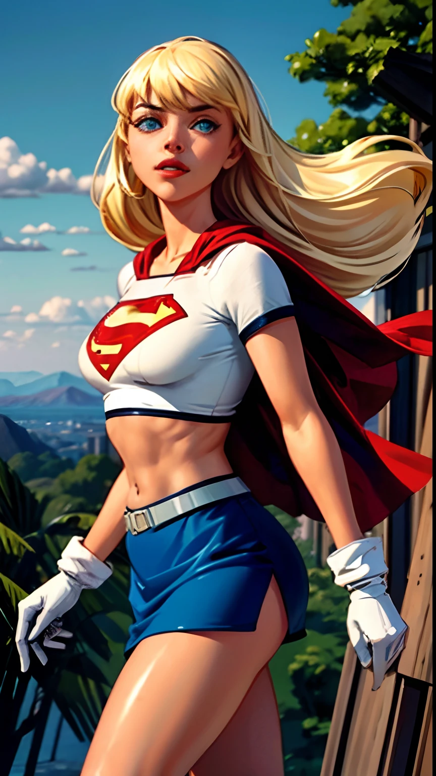 (cowboy shot), SFW, (masterpiece), (best quality: 1.0), (ultra highres: 1.0), detailed eyes,
BREAK
Supergirl, 1girl, long blonde hair, in the air, flying
Hair band, \(blue\) crop top, short sleeves, cape, red pencil skirt, gloves, boots
BREAK
(Morning sun, beautiful forest, stunning view)