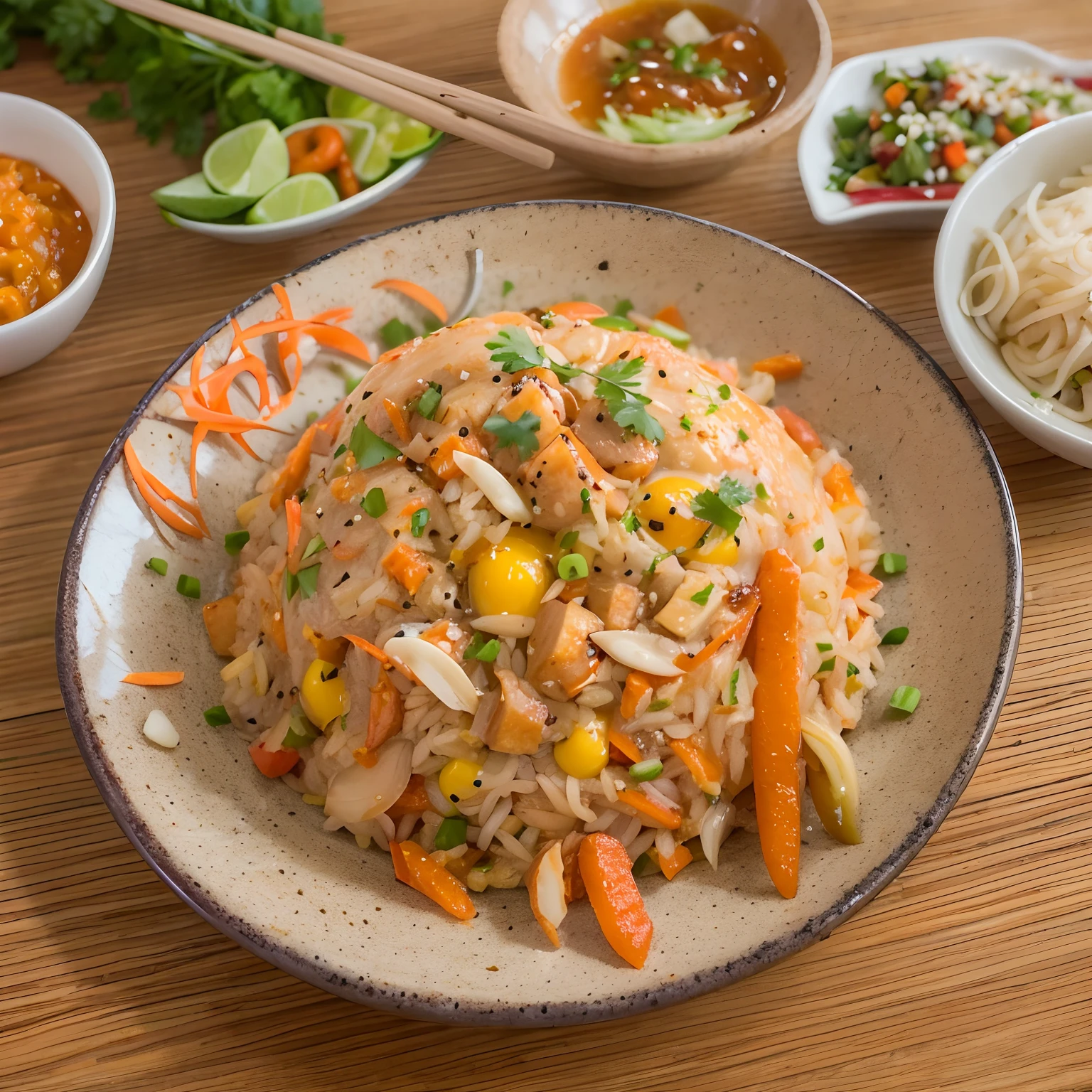 A plate of egg fried rice, There are diced carrots,Shallots,Dice meat,Shredded chili pepper, There is a dipping sauce on the table,