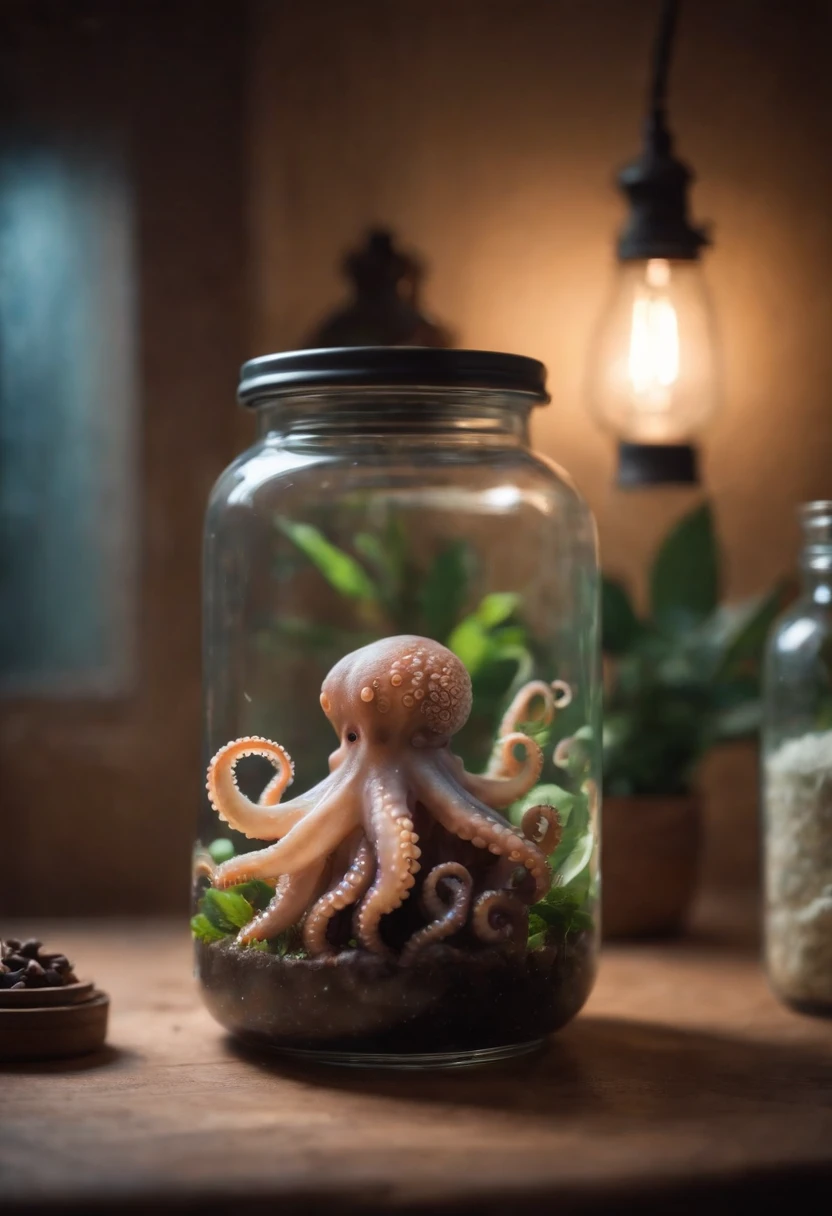 galaxy environment, caprichoso, A small octopus in a magical jar of unviable dream, 8k, Vivid, ultra detalis | | |, color lighting, fotografia surreal, retrato