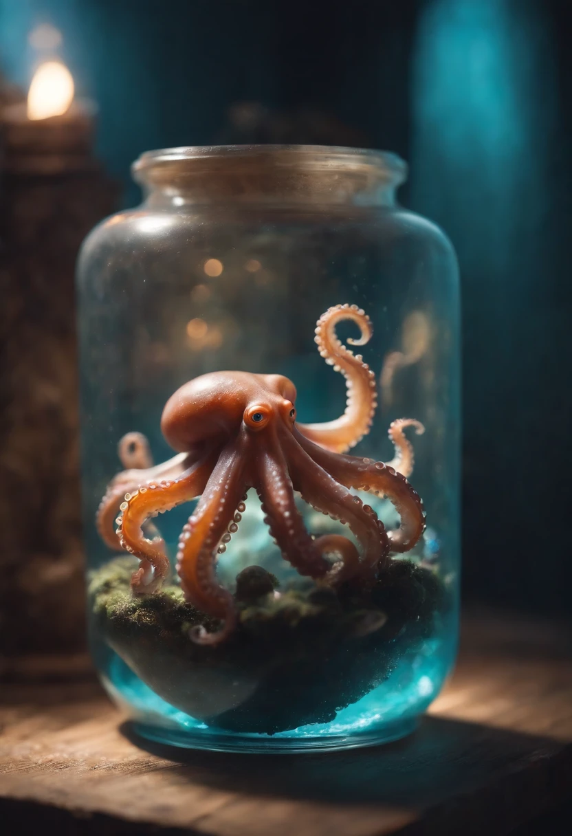 galaxy environment, caprichoso, A small octopus in a magical jar of unviable dream, 8k, Vivid, ultra detalis | | |, color lighting, fotografia surreal, retrato