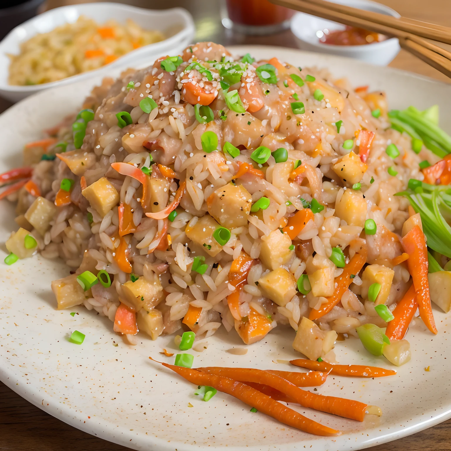 A plate of egg fried rice, There are diced carrots,Shallots,Dice meat,Shredded chili pepper, There is a dipping sauce on the table,