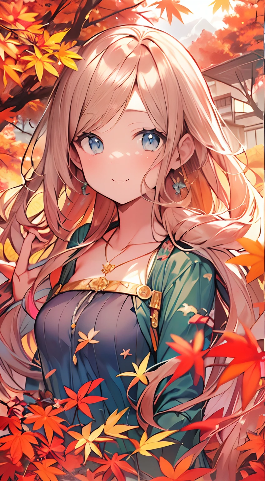 masutepiece, Best Quality,Illustration, Wallpaper, ultra -detail, Absurd beauty, 1beautiful girl、Bright hair color、Glitter and big eyes、Hair fluttering in the wind、ample breasts、♡、Smaller head、Autumn landscape、miscievous smile
