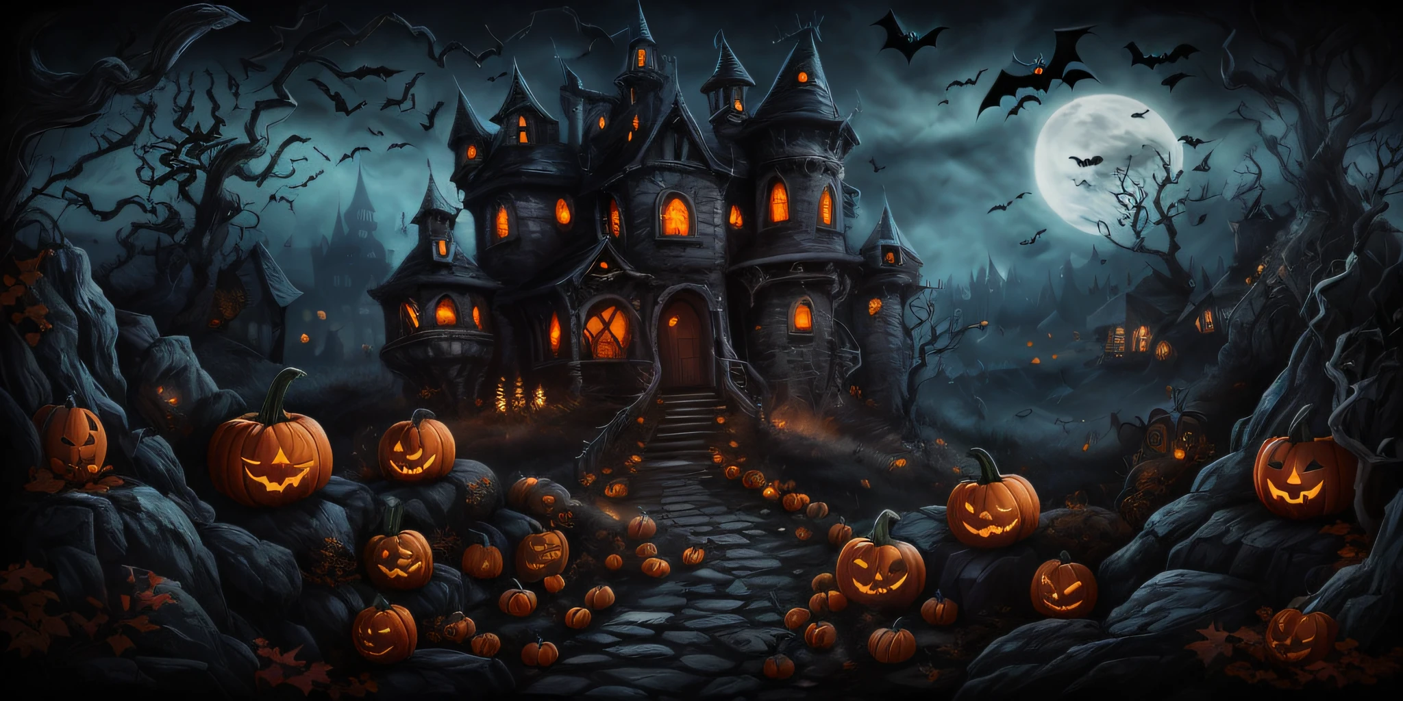 halloween scene with a castle and pumpkins in the foreground, halloween scene, halloween atmosphere, halloween theme, scary magical background, haunted house themed, halloween celebration, spooky halloween night, spooky halloween theme, halloween night, spooky and scary atmosphere, background artwork, halloween art style, haunted background, spooky mansion, halloween, halloween wallpaper with ghosts, scary night, haunting and spooky