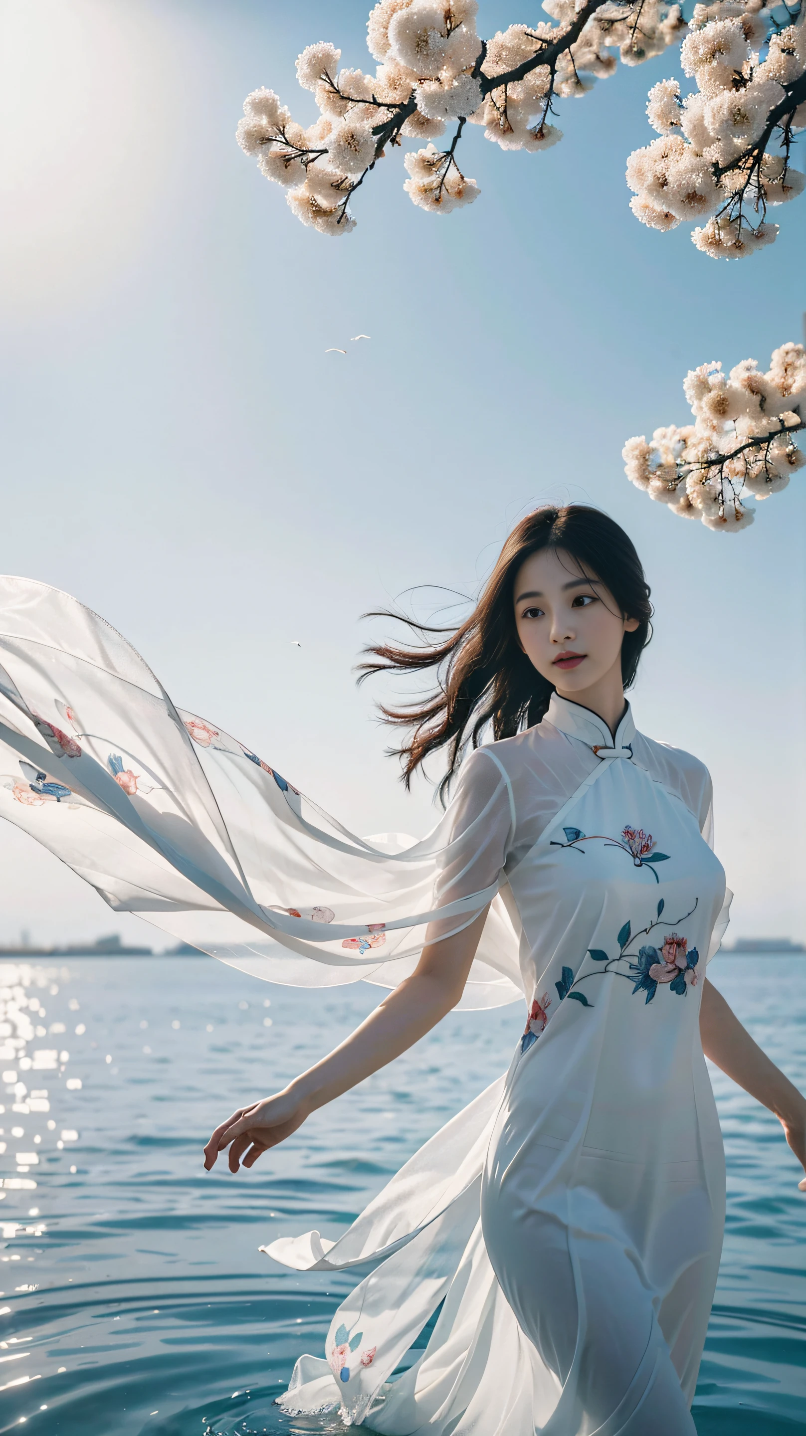 (best quality,4k,8k,highres,masterpiece:1.2),ultra-detailed,(realistic,photorealistic,photo-realistic:1.37), HDR, traditional Chinese painting style, vibrant colors, soft lighting, ethereal atmosphere, huaniao flying gracefully with its wings spread wide, delicate white feathers, shining brightly against the white background (white background:1.5), mid shot of the huaniao, capturing its entire body in the frame, the huaniao's body adorned with intricate patterns inspired by Chinese culture, flowers of various colors and shapes surrounding the huaniao, creating a vibrant and lively scene, a mesmerizing ((fish)) swimming gracefully in the air alongside the huaniao, adding a touch of whimsy to the composition, a stone fragment placed near the huaniao, symbolizing strength and stability amidst the delicate beauty, the water below the huaniao reflecting the surroundings with great clarity, the pool shimmering with gentle ripples, enhancing the tranquility of the scene.