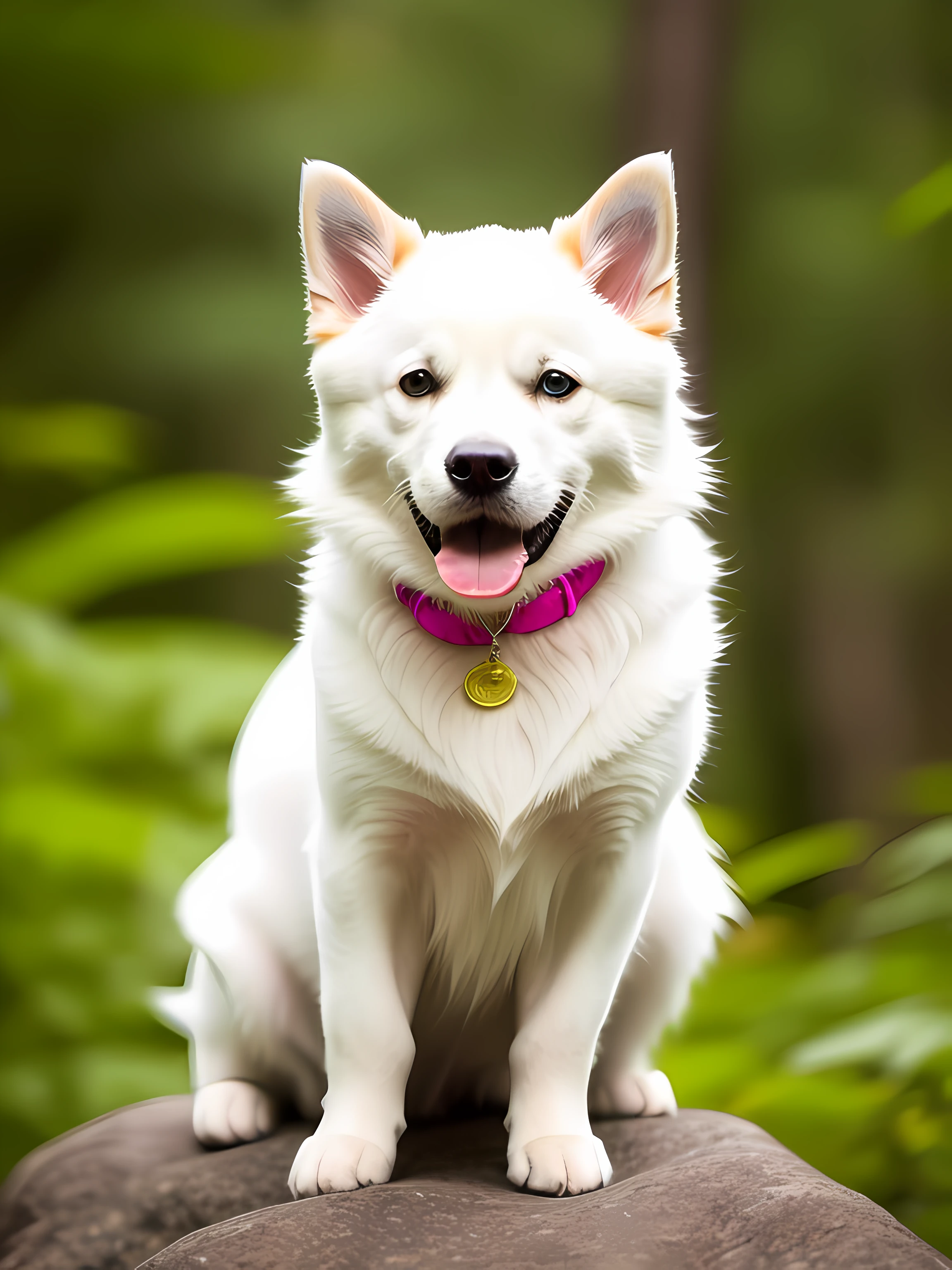 Realistic portrait of a beautiful golden retrover dog ((white color)) pretty smile, ((humorous)), black background dark lighting, neon yellow, close-up, Product Vision, detailed details, perfect face, sharpness, trending on artsation, sharp facial details, cgsociety , digital art ultra high quality, exquisite hyper detail, 4k, Soft lighting 8k, dreamy --iso 100, There is a cat that is standing on a rock next to a tree, cute cat, amazing cat, an adorable kitten, Cute kitten, Pouncing , a cute cat, aw, cute cat photo, The cutest kitten ever, curious expression, cute cat, beautiful and cute, mischievous look, Cat in the forest, cute and adorable, Cute animal, heel POV