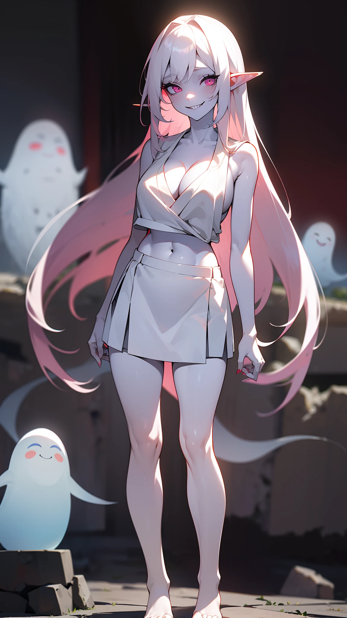 Original Character,8k, Masterpiece, Best Quality,Detailed, Beautiful Detailed Eyes,,cinematic composition,,1vampire girl,solo,pink eyes,white hair, long hair,(pink halo),(((white skin like a vampire,pale skin,colored skin))),sharp teeth,large breasts,(show belly,bare belly),(only white sleeveless and shoulderless t-shirt),(cleavage),(Japanese school white skirt),bare foots,elf ear,blush,((standing in front a stones ruins in night,cutes ghosts around)),night,white skin,colored skin,crazy Eyes,Crazy Smile, Shaded Face,yandere, yandere trance,teeths,closed mouth,full body