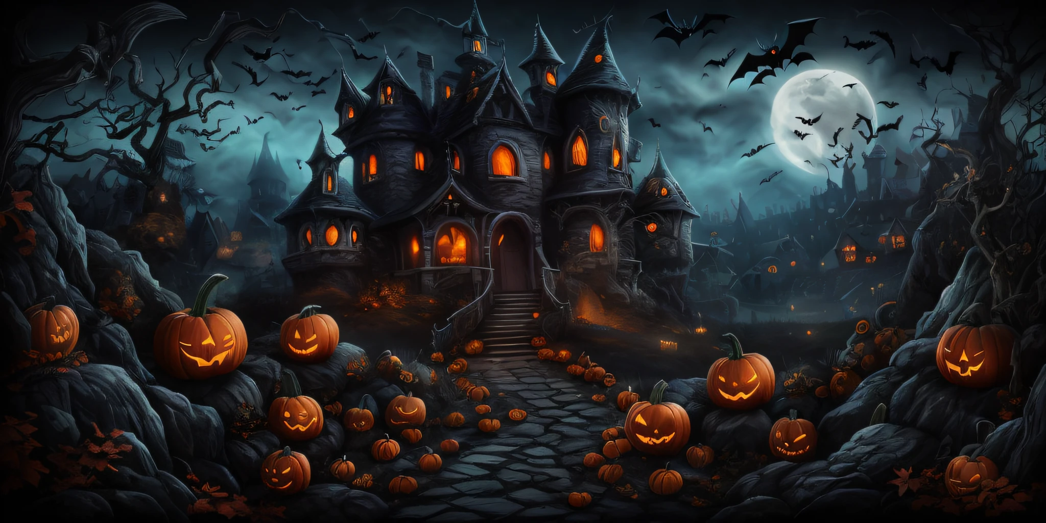 halloween scene with a castle and pumpkins in the foreground, halloween scene, halloween atmosphere, halloween theme, scary magical background, haunted house themed, halloween celebration, spooky halloween night, spooky halloween theme, halloween night, spooky and scary atmosphere, background artwork, halloween art style, haunted background, spooky mansion, halloween, halloween wallpaper with ghosts, scary night, haunting and spooky