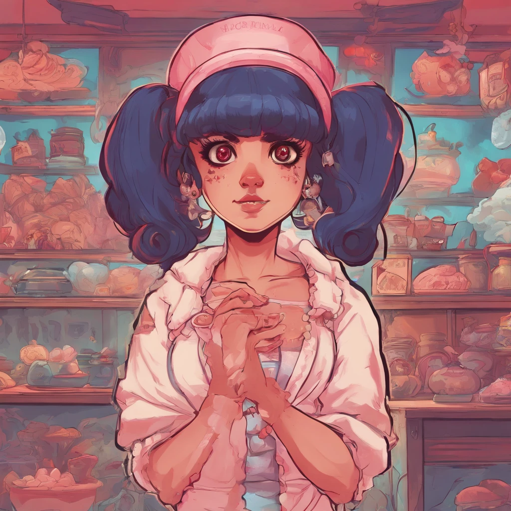Cute Melanie Martinez como uma personagem de anime muito bonito, personagem de desenho animado, Unreal Engine Warm Interior Lighting Art Station Pintura Digital Detalhada Design de Personagens Mark Ryden Pixar Hayao Miyazaki Unreal 5 Dazz Hyper Real - Octane Neon Rendering