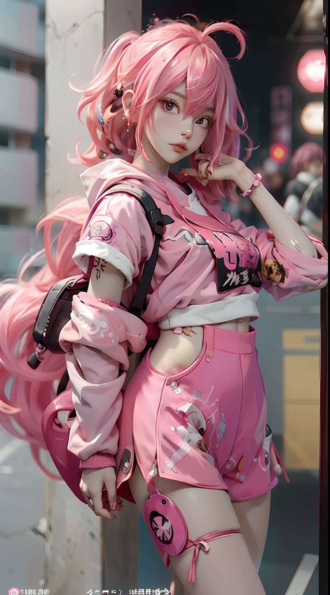 anime girl with pink hair with a backpack, she is wearing streetwear, with pink hair, portrait of jossi of blackpink, ulzzang, ((pink)), jossi of blackpink, lalisa manoban of blackpink, wearing cyberpunk streetwear, japanese streetwear, with long hair, anime girl in real life, casual pose, pink girl