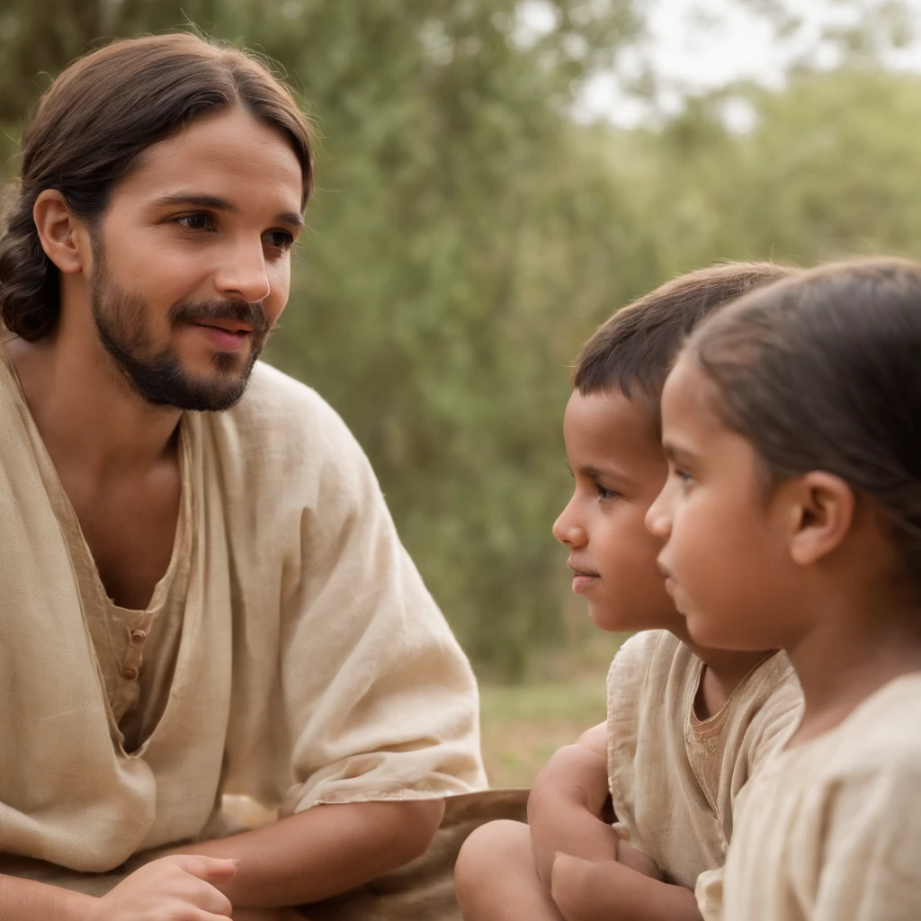 Por favor, Create an image of several children sitting on the floor, listening intently as Jesus tells them Bible stories. Children should be delighted and involved, looking at Jesus in awe as he shares the stories. Jesus may be seated or standing, wearing clothes from biblical times, with a soft and engaging expression. A cena deve transmitir a atmosfera de calma e aprendizado, with details that refer to the historical environment. Children's expressions should reflect joy and genuine interest in Jesus' words. Por favor, create this image to capture the timeless moment of teaching and connection between Jesus and children through the biblical stories."