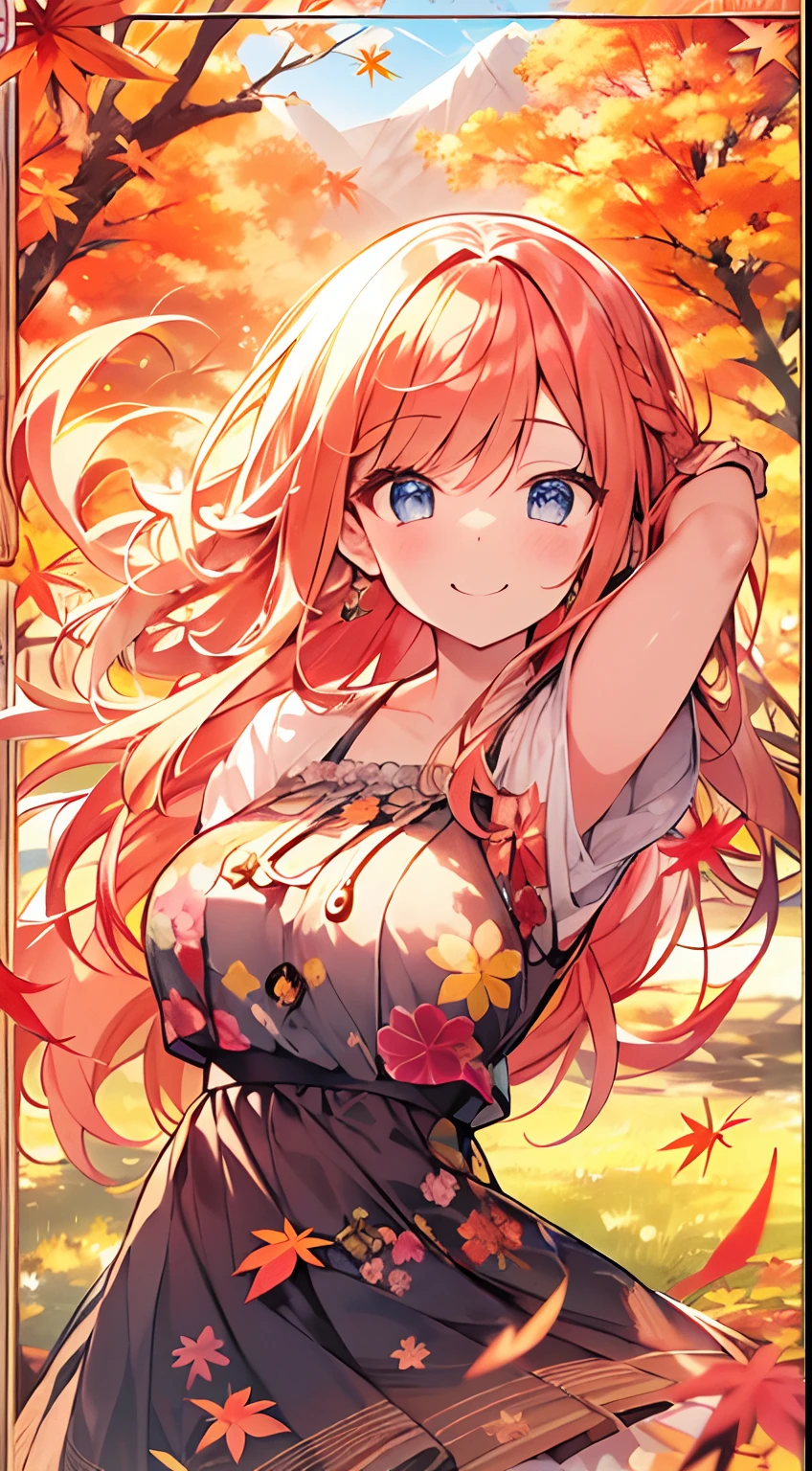 masutepiece, Best Quality,Illustration, Wallpaper, ultra -detail, Absurd beauty, 1beautiful girl、Bright hair color、Glitter and big eyes、Hair fluttering in the wind、ample breasts、♡、Smaller head、Autumn landscape、miscievous smile