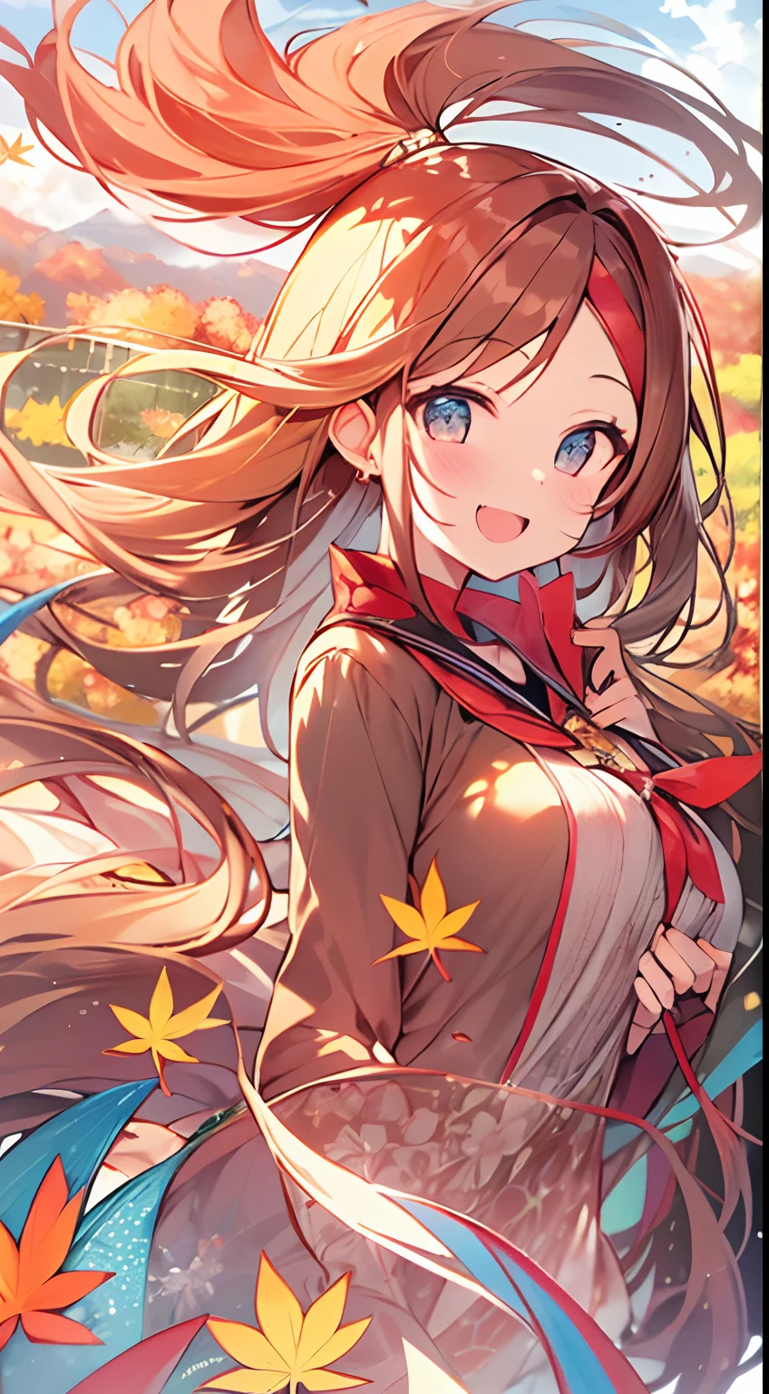 masutepiece, Best Quality,Illustration, Wallpaper, ultra -detail, Absurd beauty, 1beautiful girl、Bright hair color、Glitter and big eyes、Hair fluttering in the wind、ample breasts、♡、Smaller head、Autumn landscape、miscievous smile