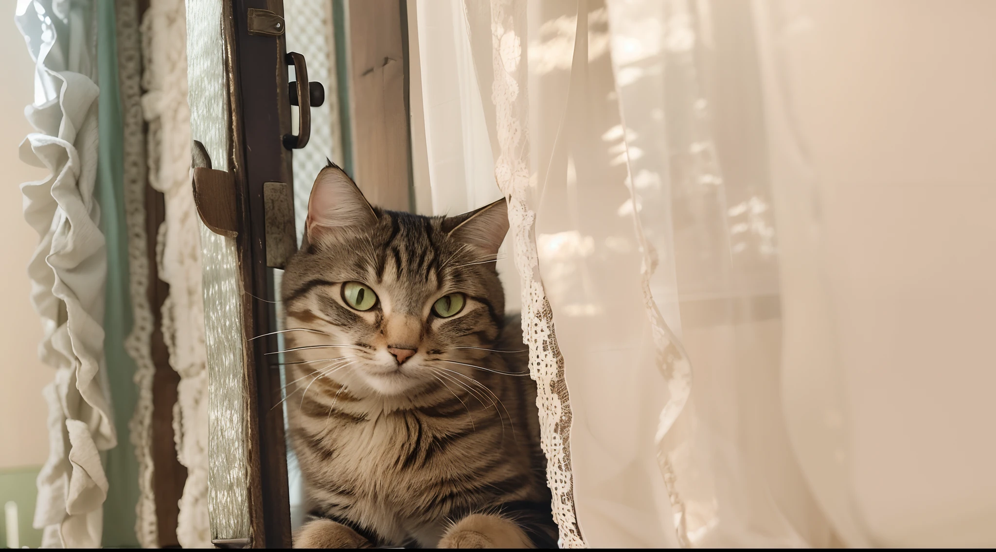 There's a cat that's sitting behind a curtain, she is looking at us, gato em um peitoril da janela, Tem um olhar penetrante, foto do gato, olhando para fora, foto de um gato, foto de gato bonito, looking towards you, olhando na janela, Olhando para o espectador, cat female with a whit and chest, looking-into-camera
