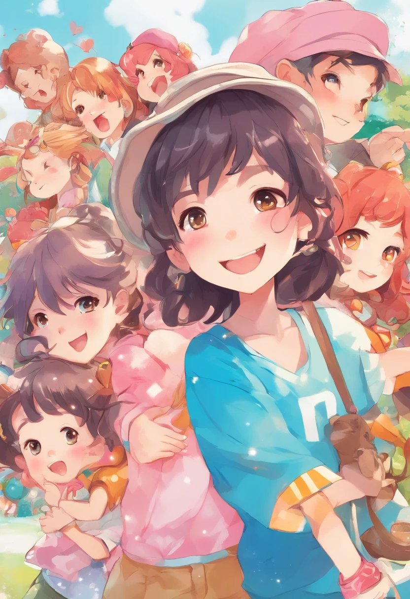 Cartoon illustration of groups of children with faces of different ages, by Eizan Kikukawa, Happy expression, ( ( By Shinkai Makoto ) ), exciting illustration, by Naka Bokunen, by Kose Kanaoka, sachin teng, by Yanagawa Nobusada, by Kamisaka Sekka, Happy and cheerful look, KyoAni