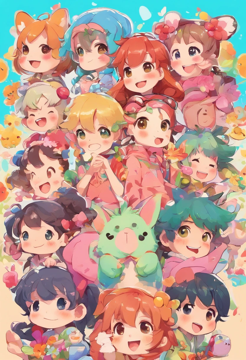 Cartoon illustration of groups of children with faces of different ages, by Eizan Kikukawa, Happy expression, ( ( By Shinkai Makoto ) ), exciting illustration, by Naka Bokunen, by Kose Kanaoka, sachin teng, by Yanagawa Nobusada, by Kamisaka Sekka, Happy and cheerful look, KyoAni
