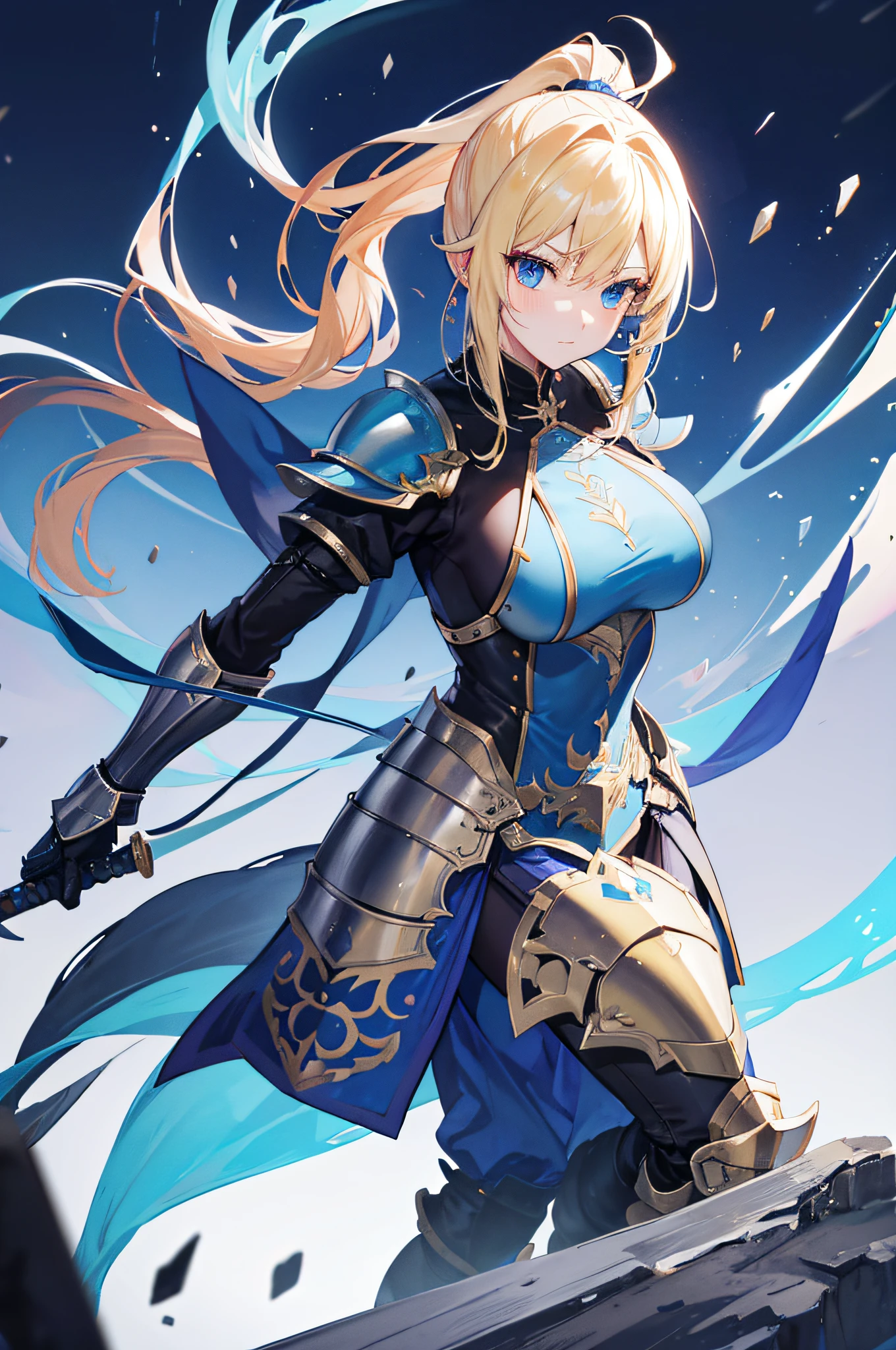 4K,hight resolution,1 female,a blond,Long ponytail,Woman knight,Blue Dragon Armor,The sword