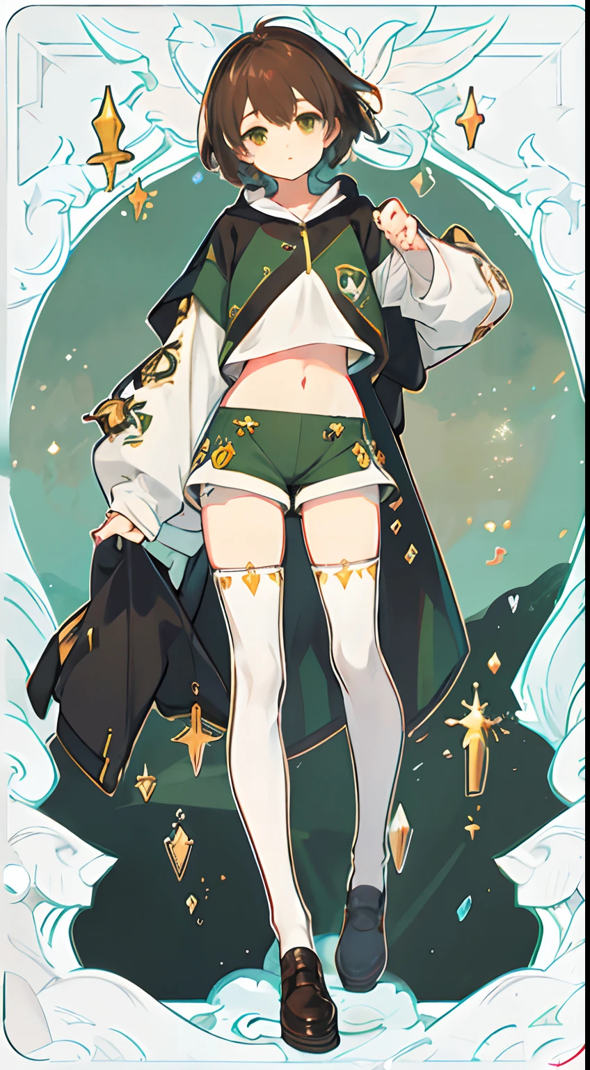 Under the legend,Chara,femele,sexy for,Green striped crop top,brown shorts,black lence stockings,Small brown shoes,Full body standing painting,Enchanting pose,seduce,Raised sexy