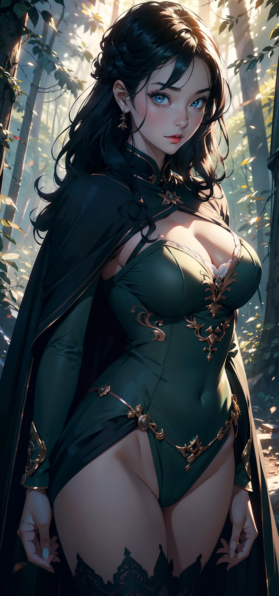 1female，41 years old，熟妇，A MILF ，Married Woman， mature，plumw，extremely large bosom ，Pornographic exposure， 独奏，（Background with：stunning view，ln the forest，city ruins，There is a lot of war）Snow-white skin， She has short black hair，Stand deep in the forest，seen from the front， hair straight，（（（tmasterpiece），（Very detailed CG unity 8K wallpaper），best qualtiy，cinmatic lighting，detailed back ground，beatiful detailed eyes，Bright pupils，Redlip（Very fine and beautiful），（Beautiful and detailed eye description），ultra - detailed，tmasterpiece，）），facing at camera，A high resolution，ultra - detailed），revealing breasts，Bare genitalia，  Bulge，legs are open，Raised sexy，Camel toes，Flushed complexion，Soviet soldiers，frontage，Military steel helmet（Wearing：in dark green cape，，lace panty）holding handgun