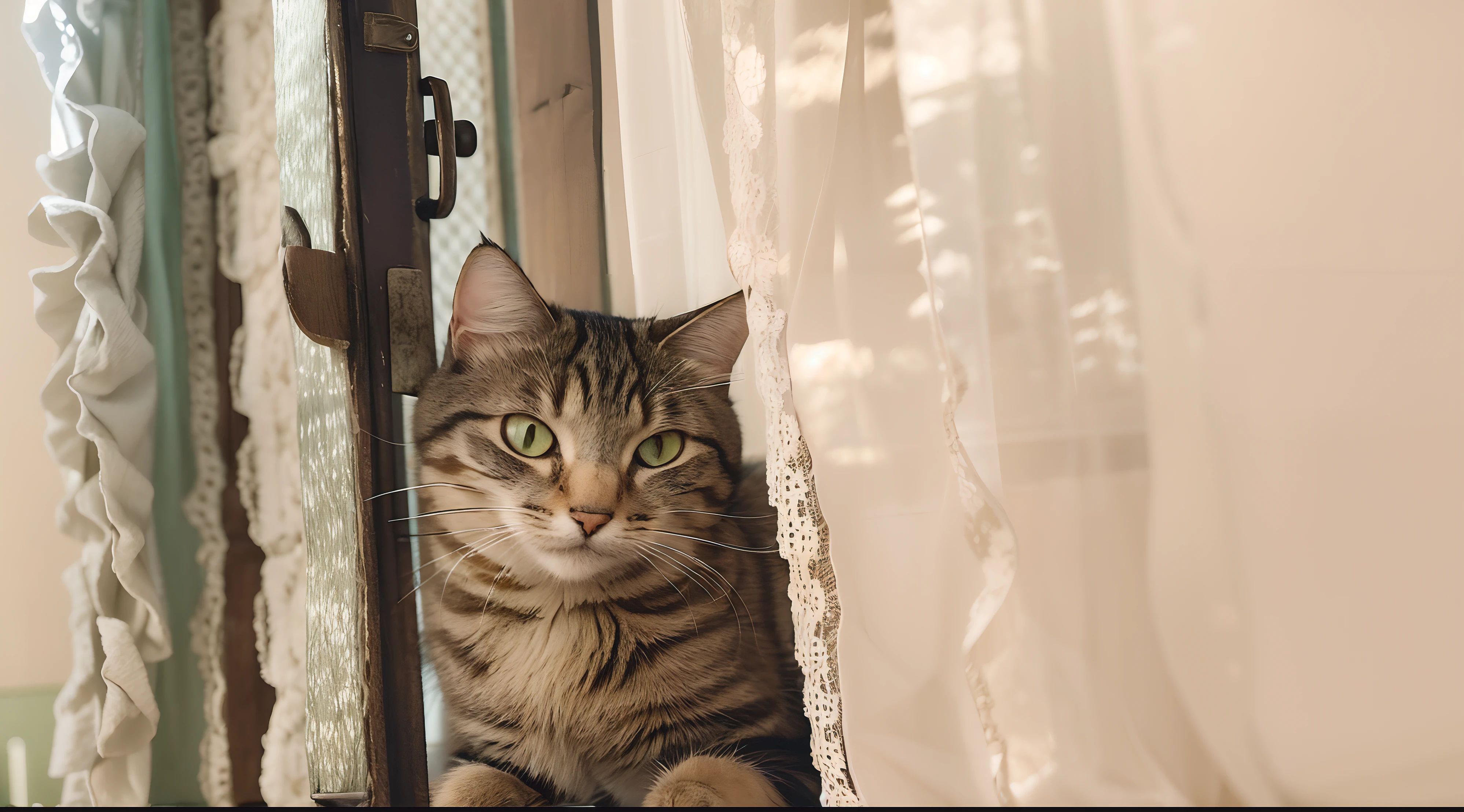 There's a cat that's sitting behind a curtain, she is looking at us, gato em um peitoril da janela, Tem um olhar penetrante, foto do gato, olhando para fora, foto de um gato, foto de gato bonito, looking towards you, olhando na janela, Olhando para o espectador, cat female with a whit and chest, looking-into-camera