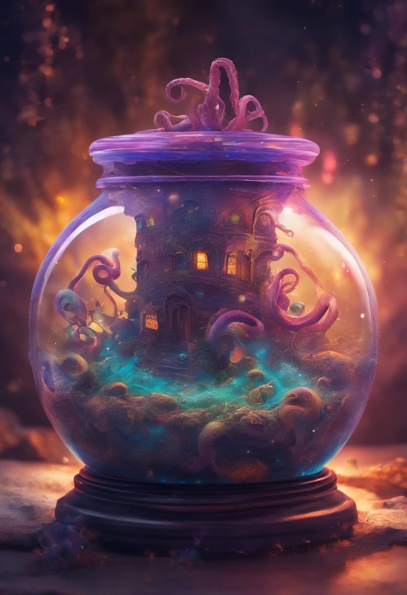 galaxy environment, caprichoso, A small octopus in a magical jar of unviable dream, 8k, Vivid, ultra detalis | | | | | |, color lighting, fotografia surreal, retrato