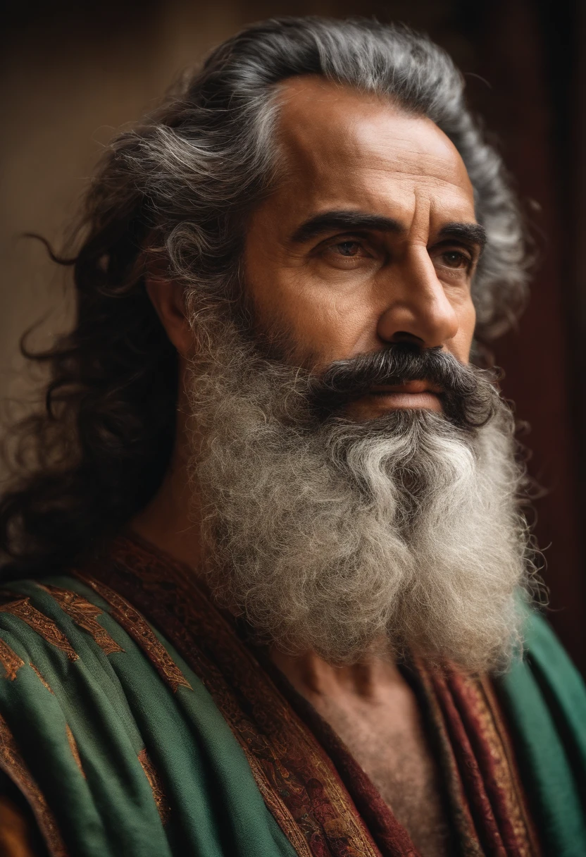 "Portrait of a wise and imposing man, de 40 anos, magro, barbudo e com cabelos grisalhos, with a serious expression and an air of experience. highes definition. Inspiration of ancient Greek man."