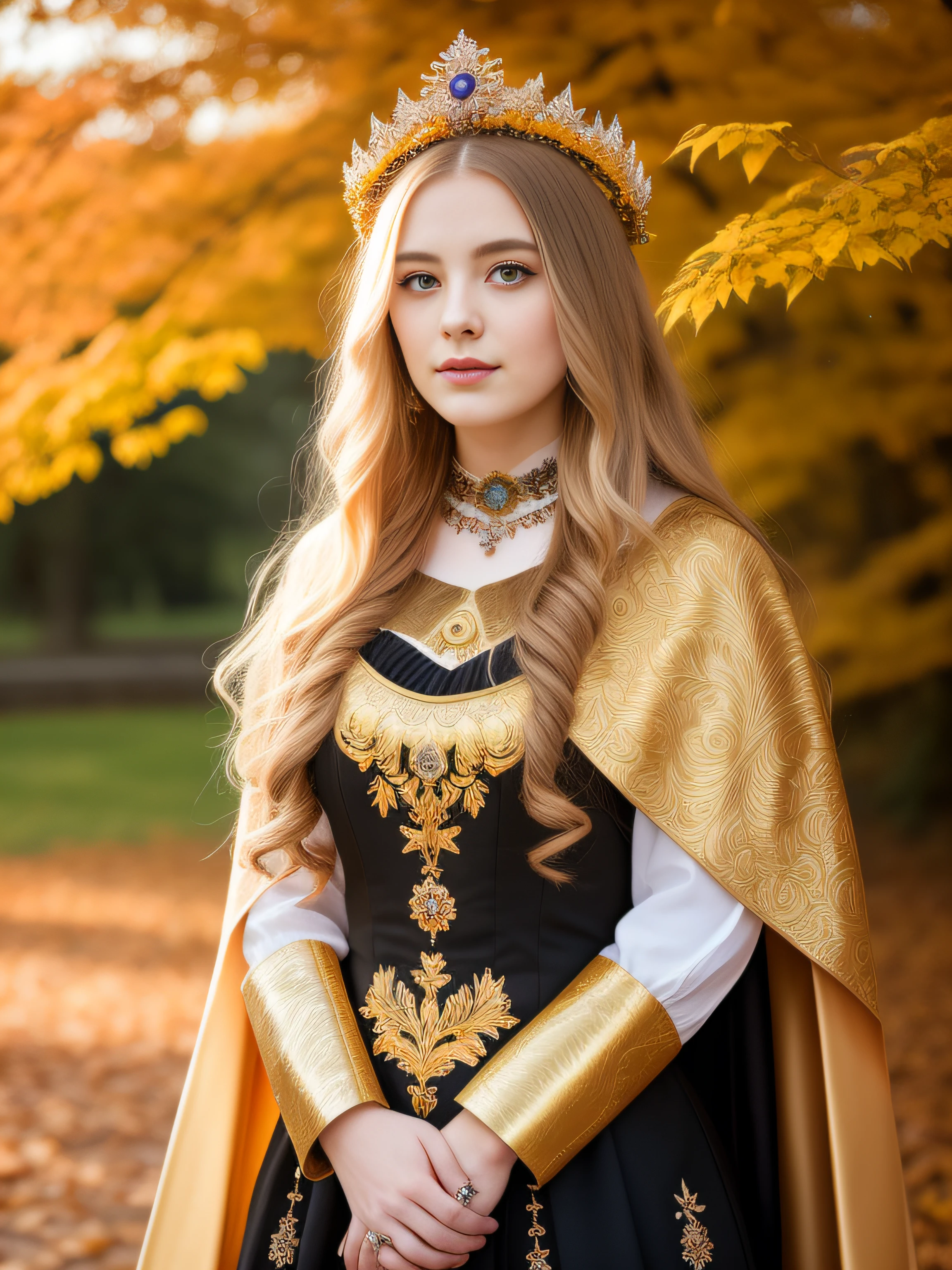 21 year old woman with long golden hair, autumn flower dress, full body, beautiful crown on head, detailed face, detailed skin, front, autumn palace background, sunny, cape, zoom out, choker, hyper-detailed painting, lighting, complex, artistic concept 4k resolution portrait of Greg Rutkowski, Artgerm, WLOP, Alphonse Mucha, small realistic gothic pojatti fusion, the
