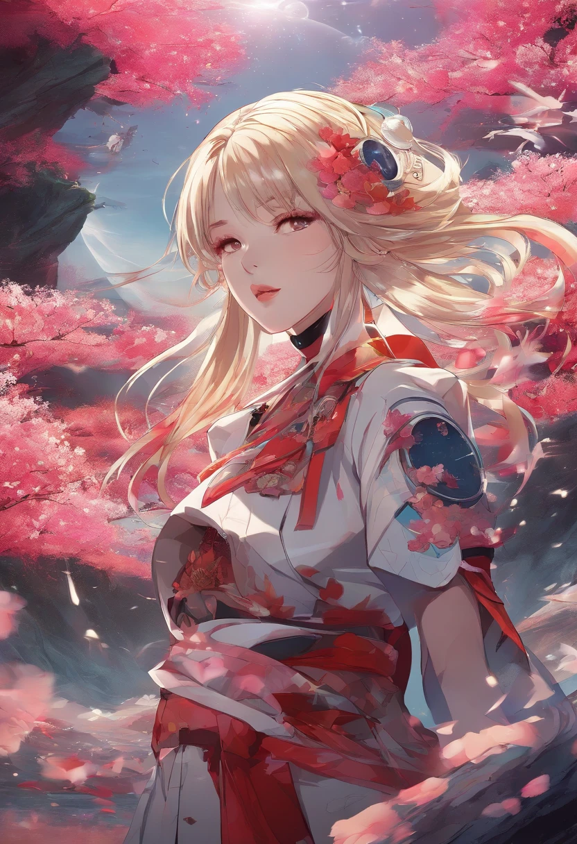 (best quality,4k,8k,highres,masterpiece:1.2), realistic, vivid colors, long blonde hair adorned with many colorful flowers, beautiful detailed eyes, beautiful detailed lips, extremely detailed eyes and face, heavy red armor, samurai girl, strong and confident posture, samurai sword shining in the sunlight, cherry blossom petals floating in the air, vibrant and dynamic background, traditional Japanese art style, strong and dramatic lighting, intense and powerful aura.