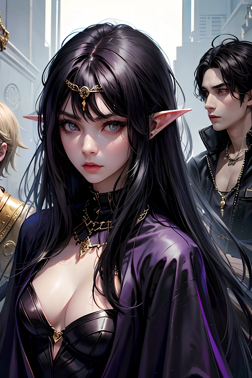 Black hair female elf. Purple pupils, serious face. Mass jewelry. Wearing black. , chests covered , casual outfit