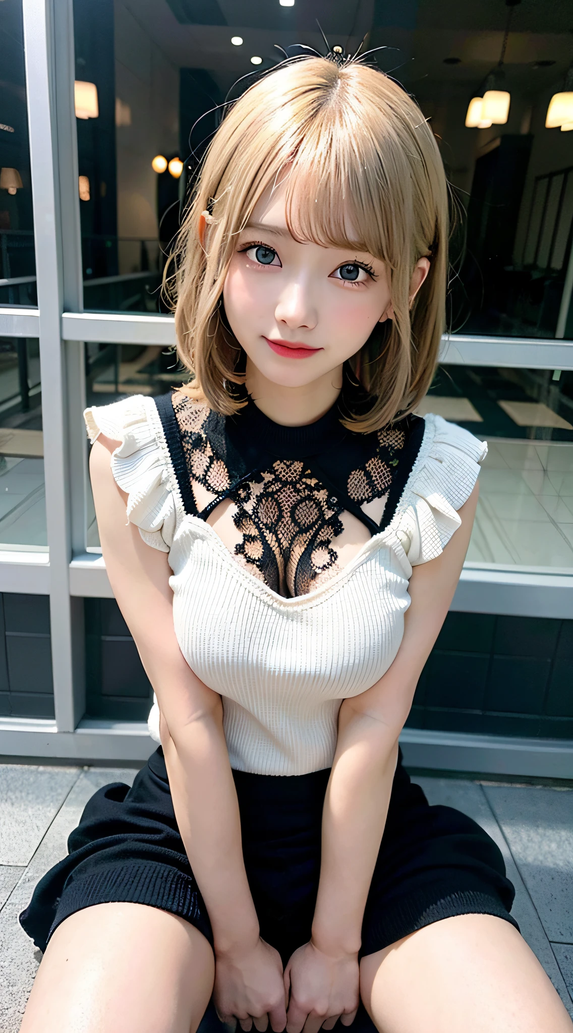 (8K, Raw photo:1.2)Detailed face and eyes,Best Quality, 超A high resolution, Highly detailed ,intricate detailes ,masutepiece ,Cute Girl , Soft cinematic light, Hyper-detailing,Sharp Focus, High quality, Blonde hair, bob cuts, tits out,Knitted dresses, Spread your legs apart, pantiy,