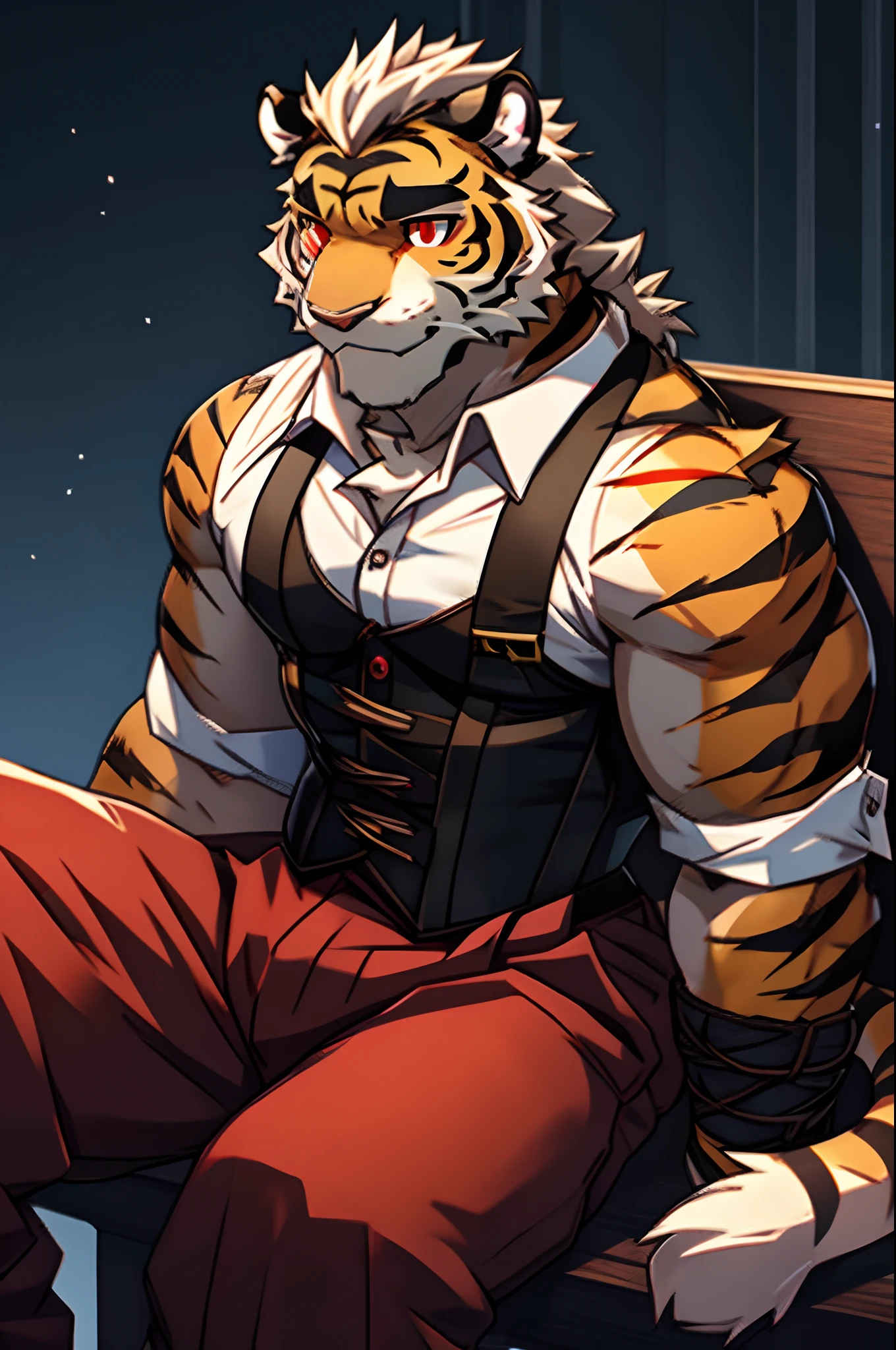 anthro ((tiger)), furry, tiger, golden fur, (white hair:1.5), beard, male, white eyebrows, violet eyes, masterpiece, (no stripes on face:1.5), ((Best quality)), character focus solo, handsome, middle-aged, mature, muscle body, sexy, dilf, full body, (((kosutora))), ((half naked body)), ((muscle)), ((chubby)), ((erection upward)), ((sperms on body)), (((anal intercourse)) with a green bear jinpei, ((tuxedo)), ((unbutton clothes))
