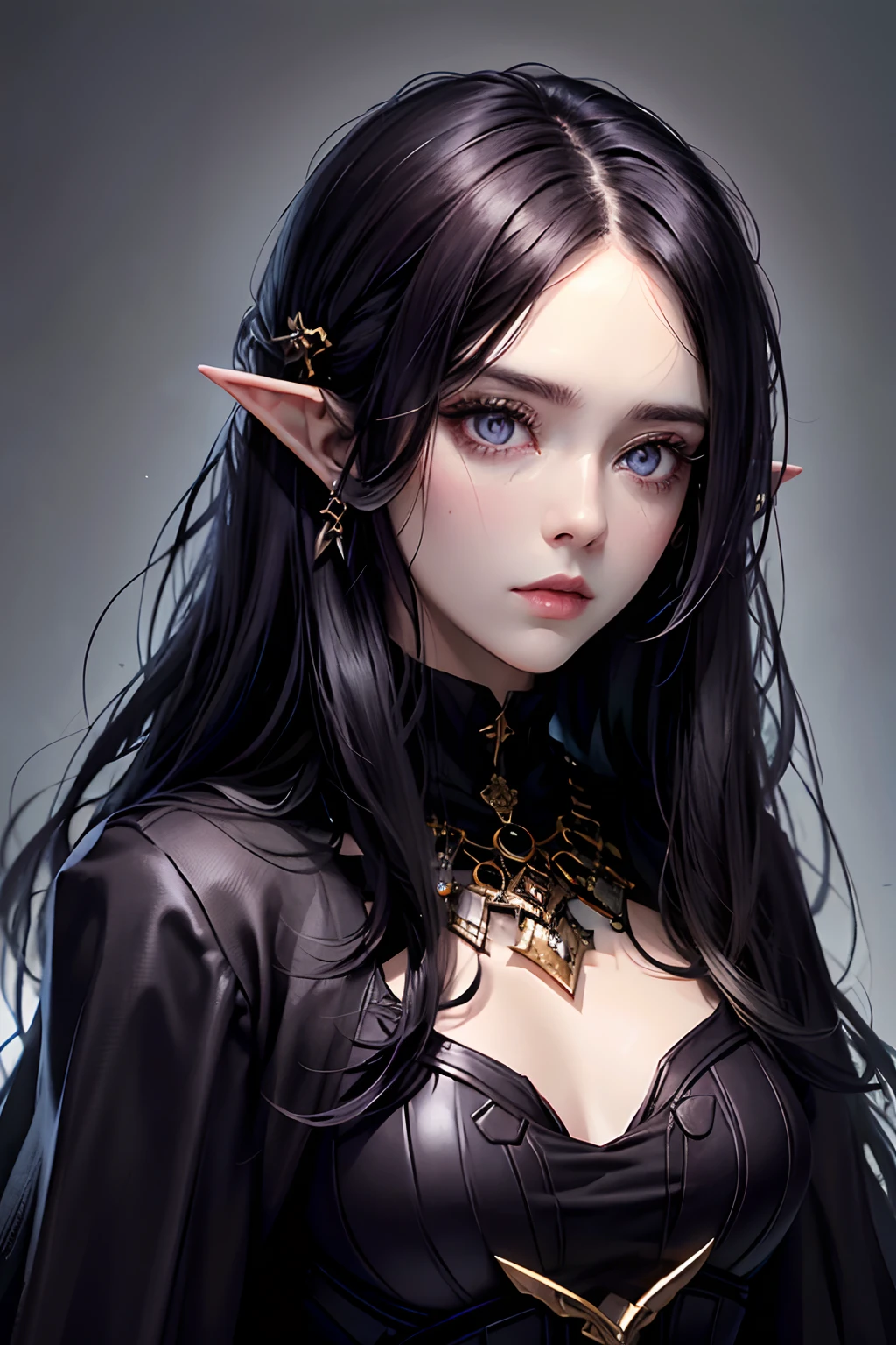 Black hair female elf. Purple pupils, serious face. Mass jewelry. Wearing black. , chests covered , casual outfit