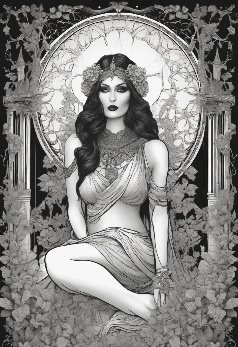 Black and white outline drawing in the style of a coloring book, full body shot, photography, centerfold, wide angle shot of a lovely embellished curvy ultra busty dark brown skin woman on a throne in fire, wet shirt in enchanted forest tattoo design on the model with dark gothic make up, in water, dark fantasy theme, highly detailed, cinematic, ayami kojima, karol bak, greg hildebrandt, and mark brooks, hauntingly surreal, gothic, highly detailed and intricate, black and white, sf, intricate artwork masterpiece, ominous, matte painting movie poster, golden ratio, intricate, epic, trending on artstation, by artgerm, h. r. giger and beksinski, intricate artwork masterpiece, intricate artwork masterpiece, ominous, matte painting movie poster, golden ratio and flowers arranged in a festive pattern, with a simple background