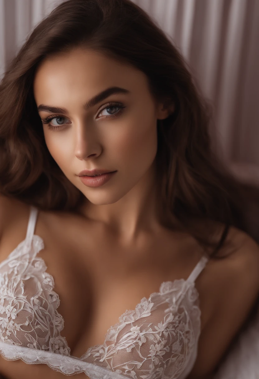 arafed woman with white lace lingerie, sexy girl with brown eyes, portrait sophie mudd, brown hair and large eyes, selfie of a young woman, bedroom eyes, violet myers, without makeup, natural makeup, looking directly at the camera, face with artgram, subtle makeup, stunning full body shot, cleavage, sitting on bed,