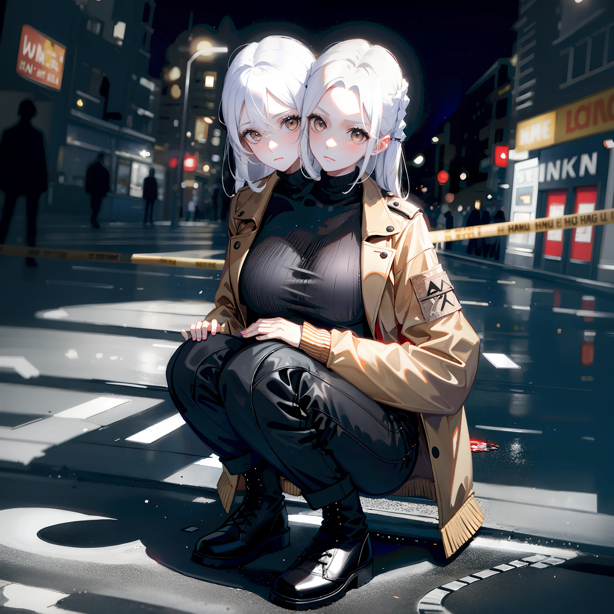 (2heads:1.5), 1girl, curious, investigative, thinking, white hair, brown eyes, gray jacket, black long pants, boots, squatting, broken glass on the ground, crime scene, urban streetside at night