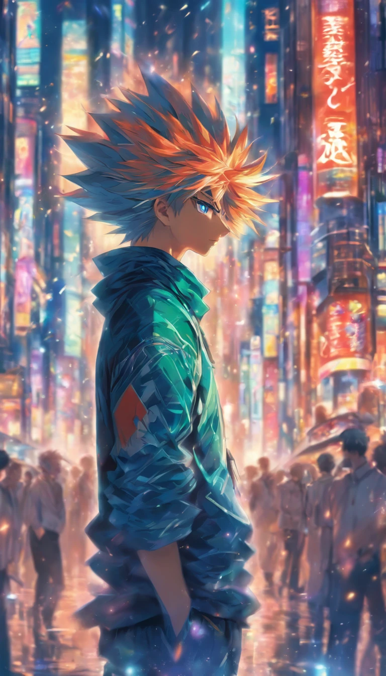 A young man standing at a street corner, facing a massive city, with a hint of confusion and unease in his eyes, but in the next moment, he gathers these thoughts and reveals a determined expression. The towering skyscrapers and bustling traffic of the city form the backdrop, creating a busy yet vibrant atmosphere.,32k, best quality, masterpiece, super detail, high details by Jidaimono Anime Style