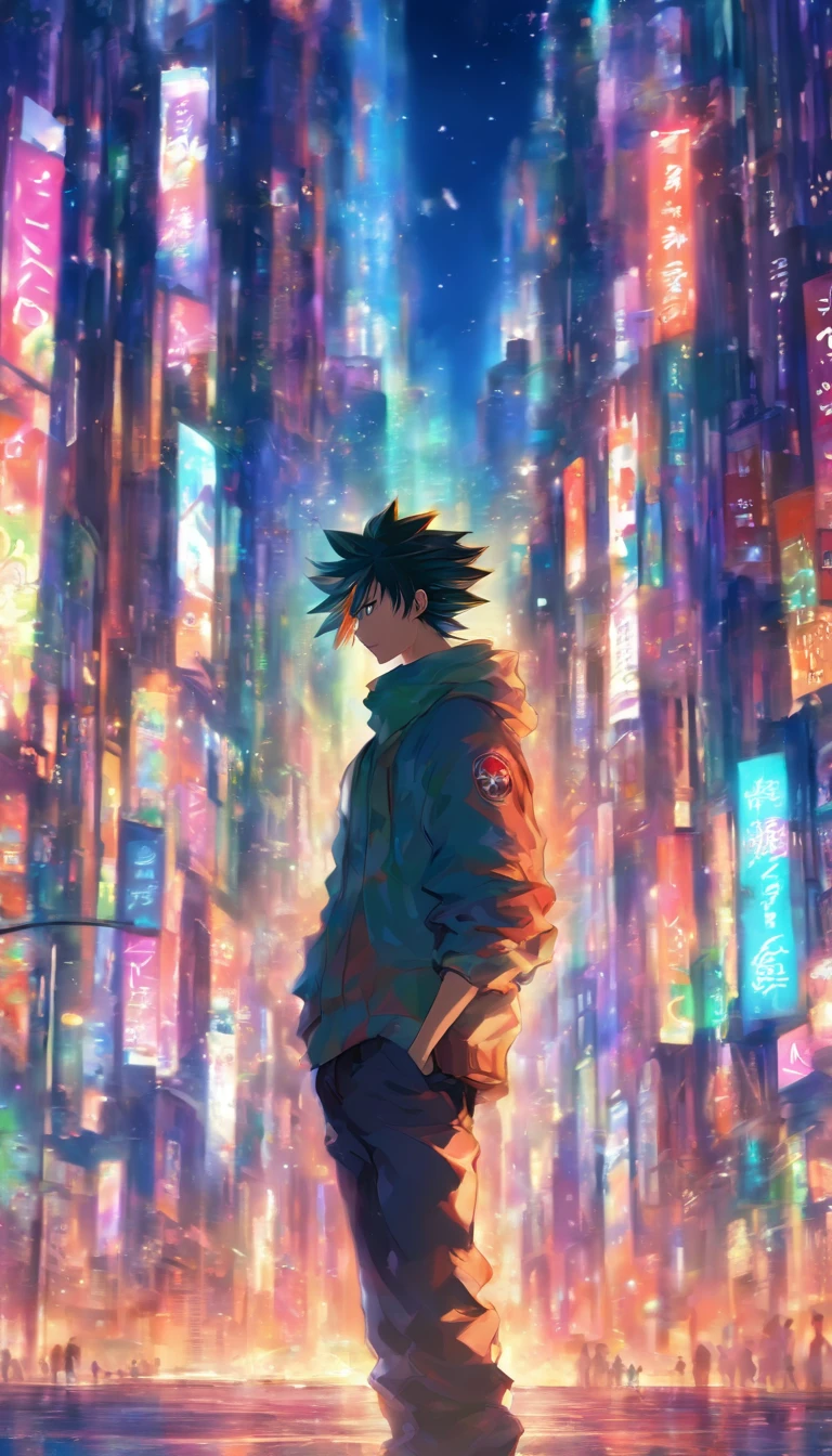 A young man standing at a street corner, facing a massive city, with a hint of confusion and unease in his eyes, but in the next moment, he gathers these thoughts and reveals a determined expression. The towering skyscrapers and bustling traffic of the city form the backdrop, creating a busy yet vibrant atmosphere.,32k, best quality, masterpiece, super detail, high details by Jidaimono Anime Style