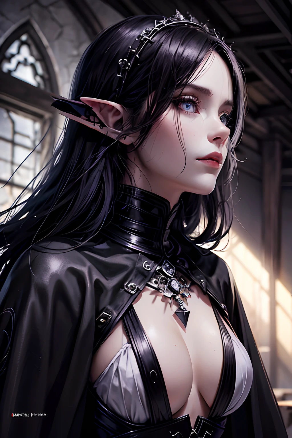 Black hair female elf. Purple pupils, In castle, serious face. Mass jewelry. Wearing black. sinister