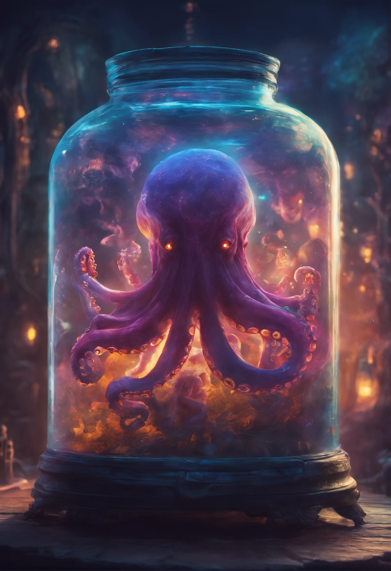 galaxy environment, caprichoso, A small octopus in a magical jar of unviable dream, 8k, Vivid, ultra detalis | | | | | |, color lighting, fotografia surreal, retrato