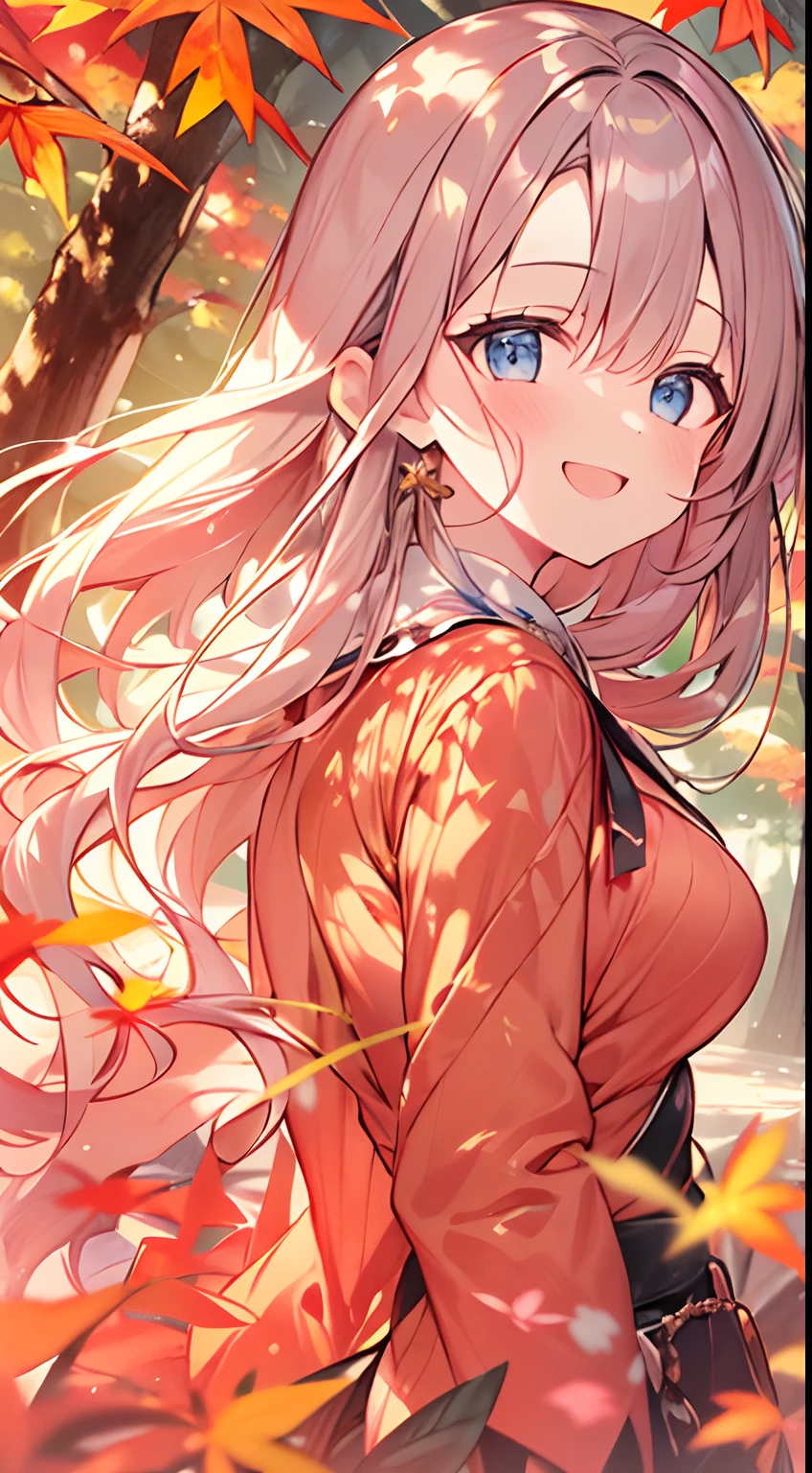 masutepiece, Best Quality,Illustration, Wallpaper, ultra -detail, Absurd beauty, 1beautiful girl、Bright hair color、Glitter and big eyes、Hair fluttering in the wind、ample breasts、♡、Smaller head、Autumn landscape、miscievous smile